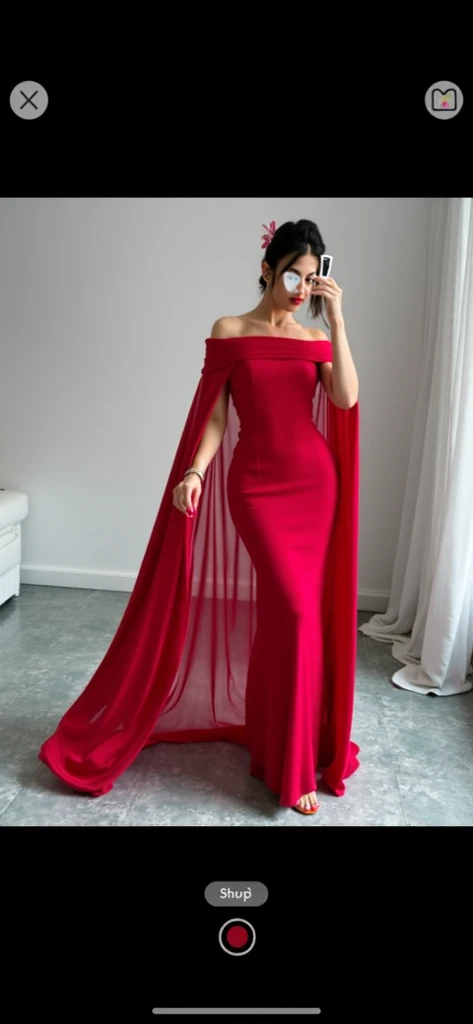 Captivating, elegant woman is engendered in a cascade of four-meter-long, ruby-red, plush satin fabric. The material clings tightly to her figure, spreading out into a pooled train at her feet, mimicking a mermaid's tail. A satin hijab cloaks her head, in kitchen, revealing only a hint of her upper body. This full-body portrait radiates a mythical sophistication.