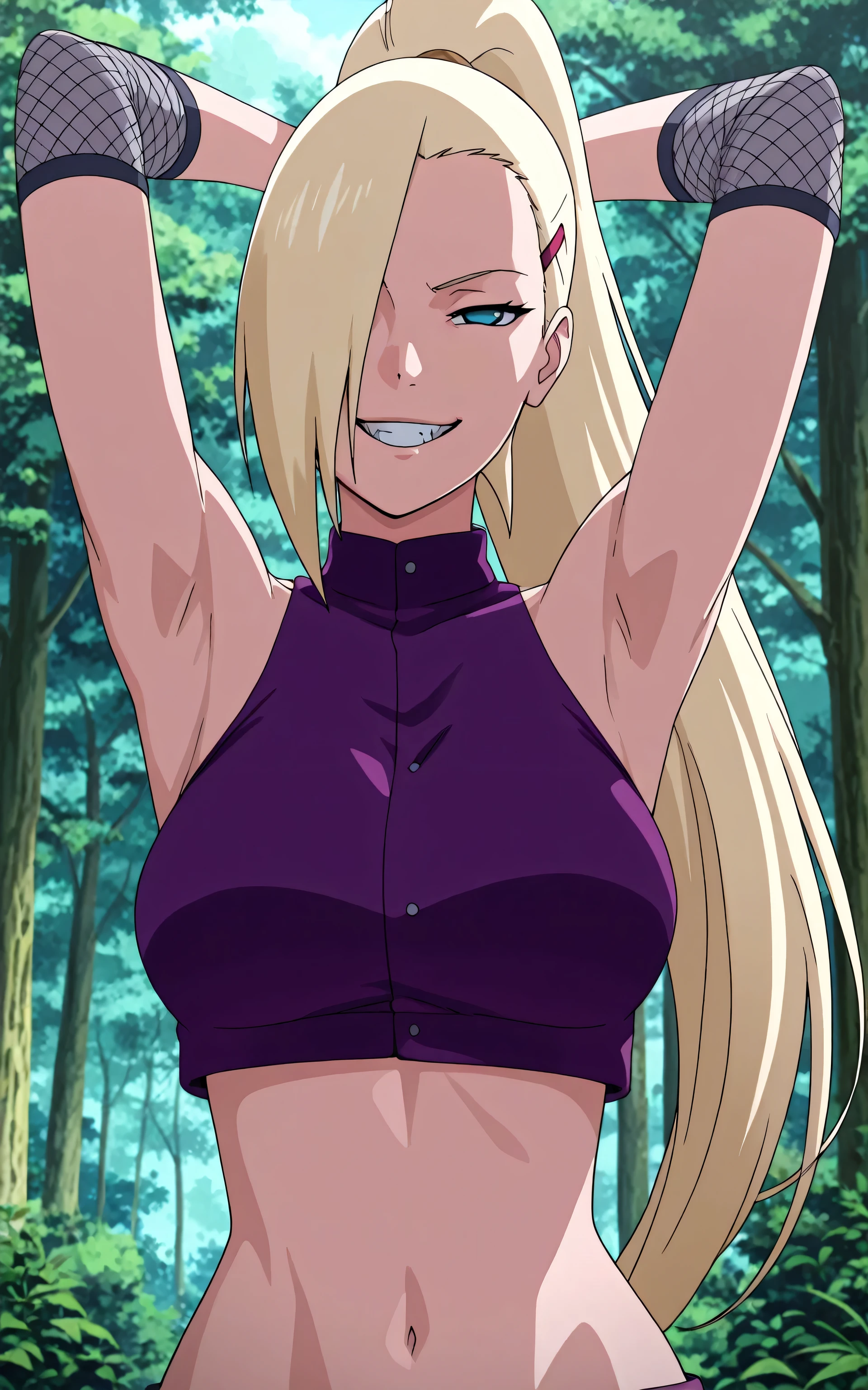 masterpiece, best quality, amazing quality, front light, anime screencap, 1girl, solo, InoShipuuden, blonde hair, high ponytail, hair over one eye, midriff, fishnets, crop top, breasts, blue eyes, bare shoulders, arms behind head, bellybutton, armpits, head towards viewer, looking at viewer, evil smile, grin, smug, teeth, (front light:1.1), half-closed eyes, armpits focus, outdoors, day, forest