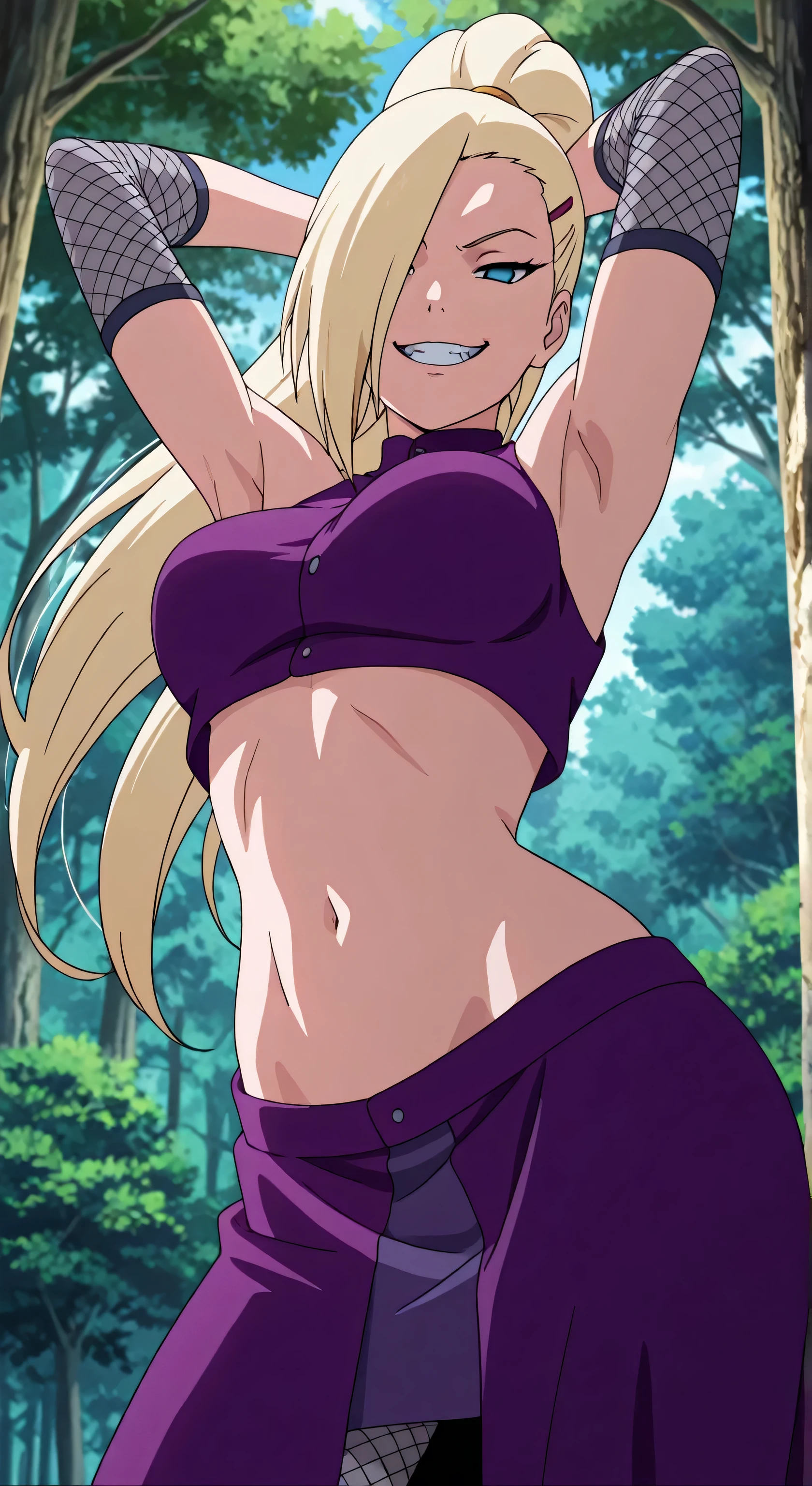 masterpiece, best quality, amazing quality, front light, anime screencap, 1girl, solo, InoShipuuden, blonde hair, high ponytail, hair over one eye, midriff, fishnets, crop top, breasts, blue eyes, bare shoulders, arms behind head, bellybutton, armpits, head towards viewer, looking at viewer, evil smile, grin, smug, teeth, (front light:1.1), half-closed eyes, armpits focus, outdoors, day, forest, from below, purple skirt