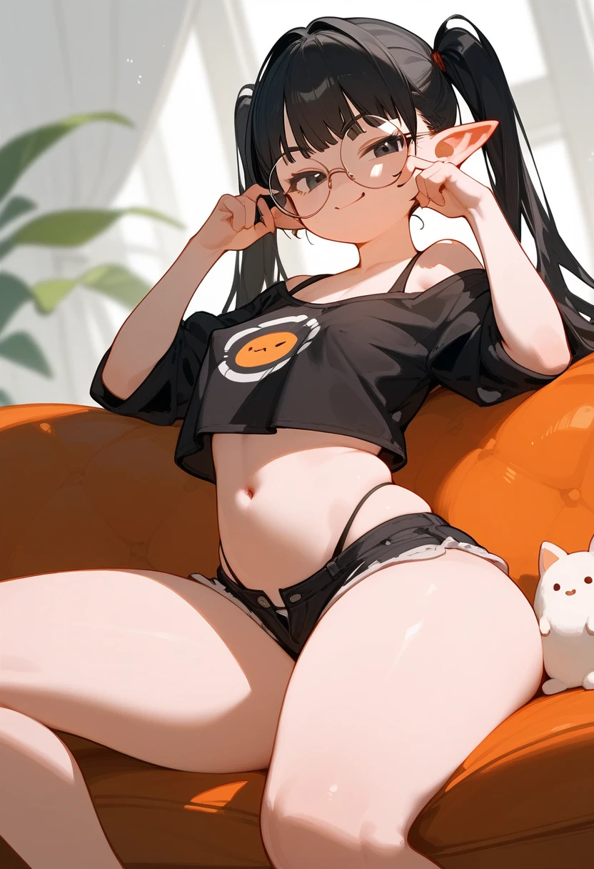 anime styled。illustratio。Fantasia。girl with。Cat's ears。eye glass。is in estrus。Halloween。Colorful clothes。Autumn scenery。Night Moon。Colossal tits。flank。pubick hair。teats。barechested。a miniskirt。Shy。Exposed。Spreading legs。frombelow。