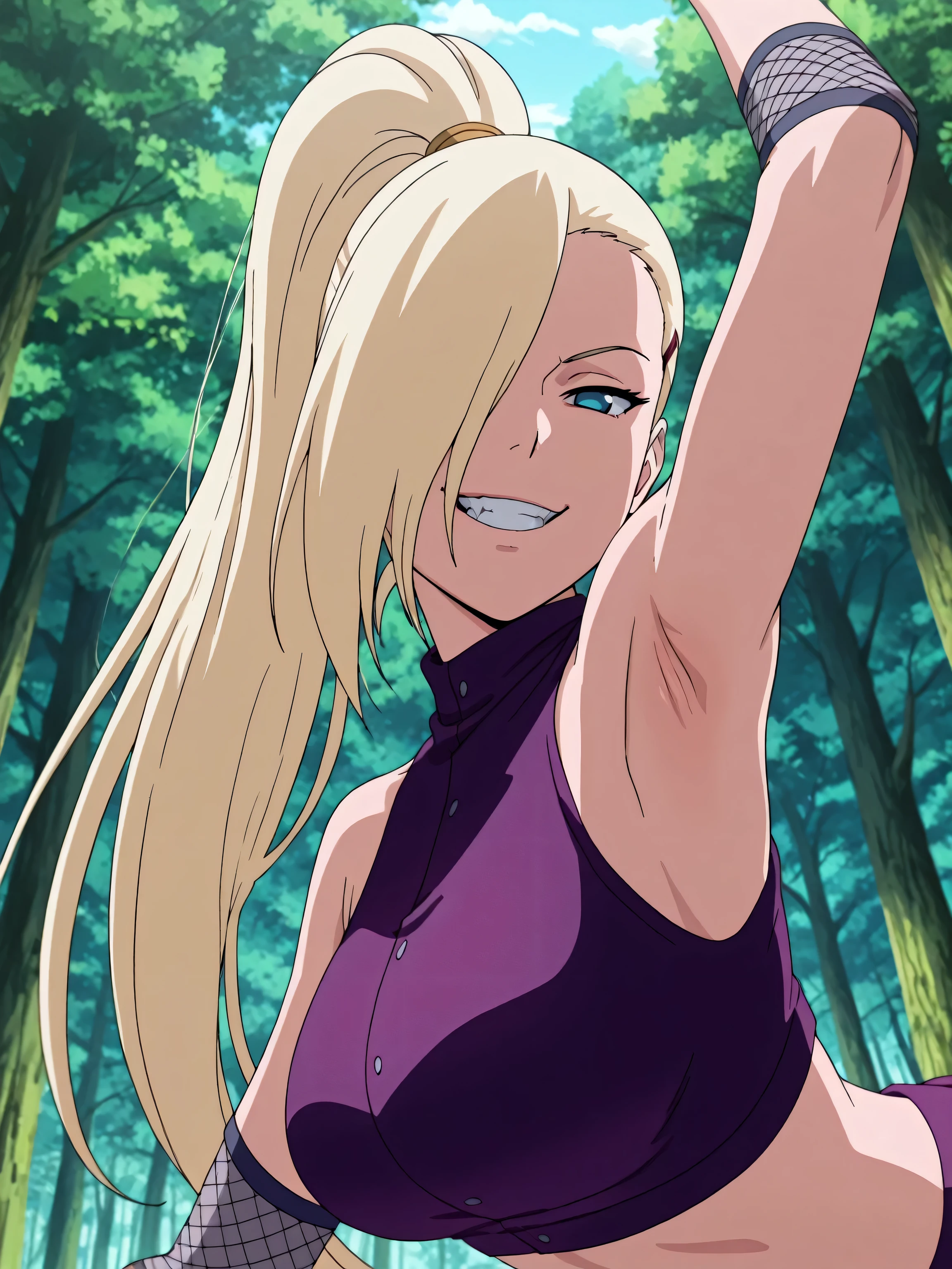 masterpiece, best quality, amazing quality, front light, anime screencap, 1girl, solo, InoShipuuden, blonde hair, high ponytail, hair over one eye, midriff, fishnets, crop top, breasts, blue eyes, bare shoulders, arm up, raised arm, armpit, head towards viewer, looking at viewer, evil smile, grin, smug, teeth, (front light:1.1), half-closed eyes, armpits focus, outdoors, day, forest, from below, from side, armpit into viewer's face, pinning down viewer, leaning forward