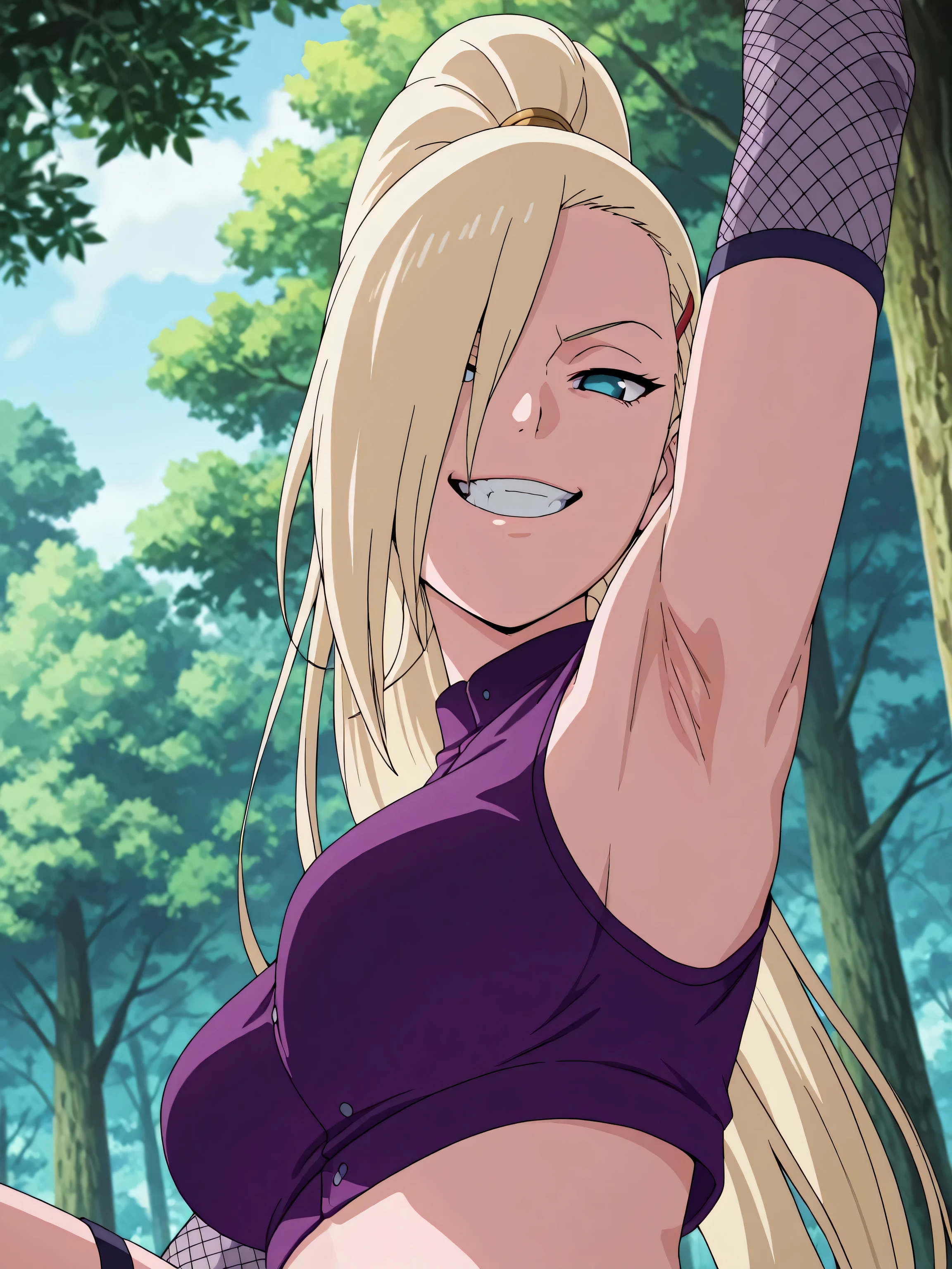 masterpiece, best quality, amazing quality, front light, anime screencap, 1girl, solo, InoShipuuden, blonde hair, high ponytail, hair over one eye, midriff, fishnets, crop top, breasts, blue eyes, bare shoulders, arm up, raised arm, armpit, head towards viewer, looking at viewer, evil smile, grin, smug, teeth, (front light:1.1), half-closed eyes, armpits focus, outdoors, day, forest, from below, from side, on viewer's lap, armpit into viewer's face, pinning down viewer, leaning forward