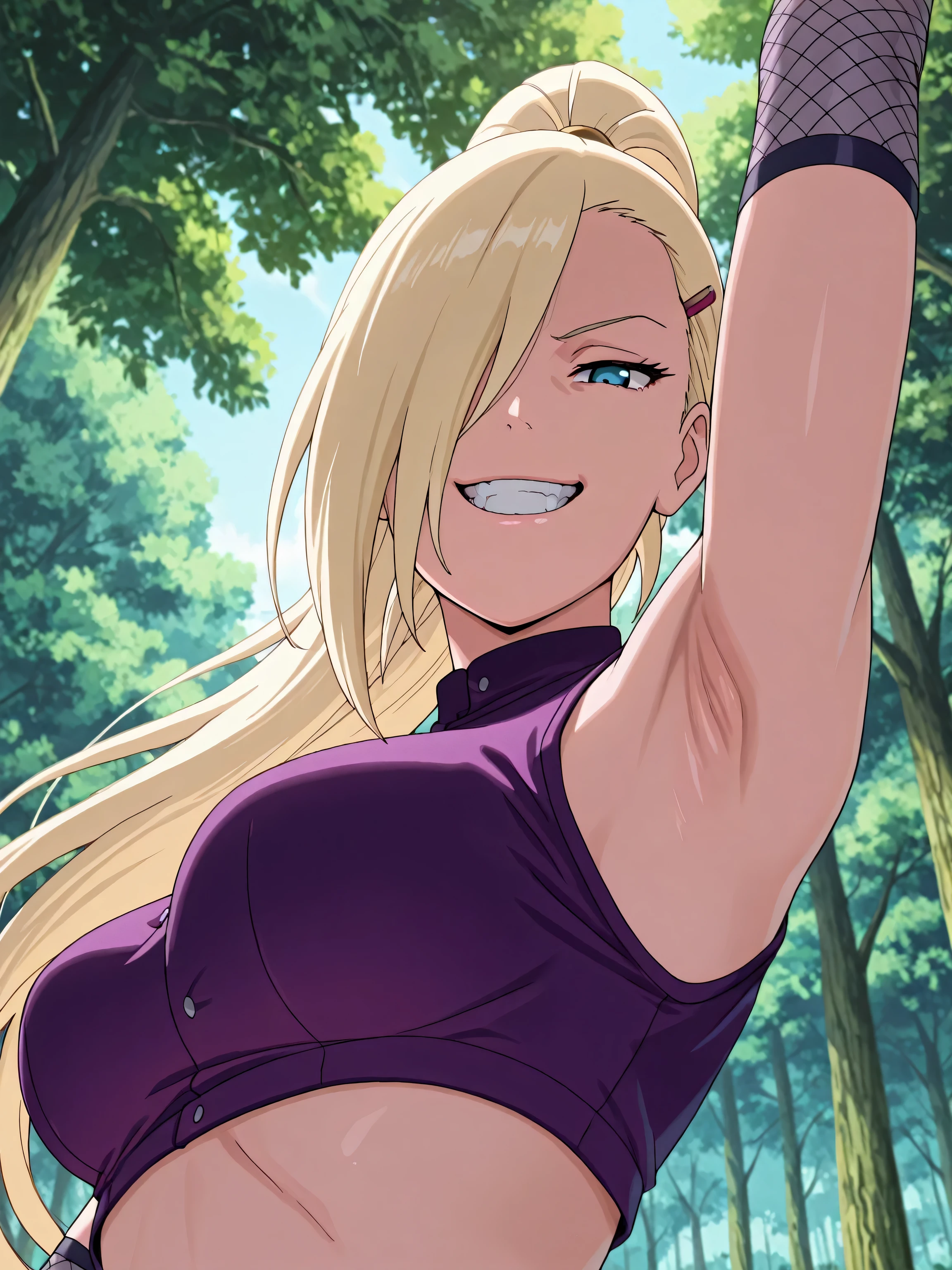 masterpiece, best quality, amazing quality, front light, anime screencap, 1girl, solo, InoShipuuden, blonde hair, high ponytail, hair over one eye, midriff, fishnets, crop top, breasts, blue eyes, bare shoulders, arm up, raised arm, armpit, head towards viewer, looking at viewer, evil smile, grin, smug, teeth, (front light:1.1), half-closed eyes, armpits focus, outdoors, day, forest, from below, from side, armpit into viewer's face, pinning down viewer, leaning forward