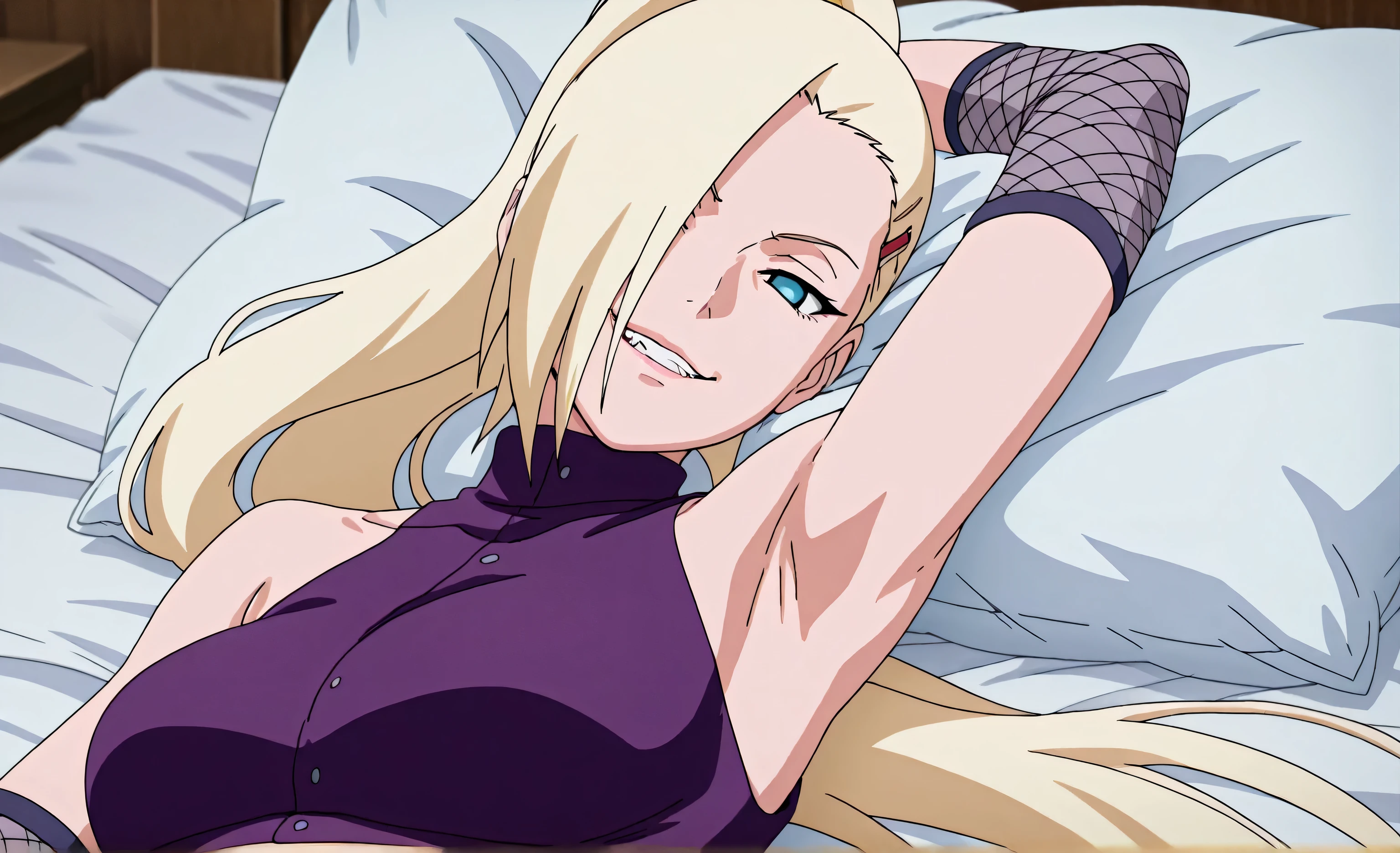 masterpiece, best quality, amazing quality, front light, anime screencap, 1girl, solo, InoShipuuden, blonde hair, high ponytail, hair over one eye, midriff, fishnets, crop top, breasts, blue eyes, bare shoulders, arm behind head, armpit, head towards viewer, looking at viewer, evil smile, smug, biting lips, (front light:1.1), half-closed eyes, armpits focus, lying in bed