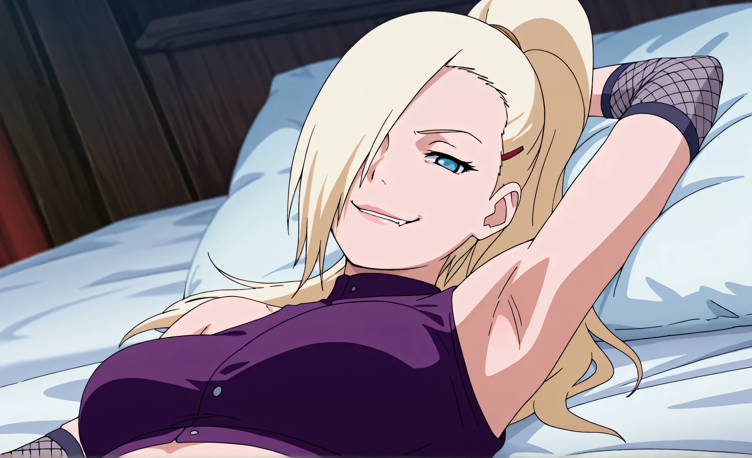 masterpiece, best quality, amazing quality, front light, anime screencap, 1girl, solo, InoShipuuden, blonde hair, high ponytail, hair over one eye, fishnets, crop top, breasts, blue eyes, bare shoulders, arm behind head, armpit, head towards viewer, looking at viewer, evil smile, smug, biting lips, (front light:1.1), half-closed eyes, armpits focus, lying in bed