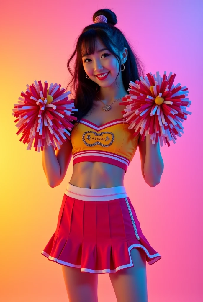 (Best-quality, Masterpiece, Ultra-High-Resolution, (Photorealistic:1.4), Raw-Photo, Extremely-Details, Perfect-Anatomy), 1girl, (((12-years-old, most popular Japanese idol))), ((upturned buttocks wearing laced panties):1.3), detailed beautiful buttocks
wearing laced
panties, back view, angle from below, dynamic-pose, looking back, ((twinkle smile):1.4), ((extremely cute childish face, extremely beautiful big black solid circle eyes, very beautiful short-cut-haired):1.4), detailed thighs, (((detailed sleeveless cheerleader's colorful shirt, detailed cheerleader's colorful pleated long skirt):1.4)), Best-quality, Masterpiece, Ultra-High-Resolution, (Photorealistic:1.4), Raw-Photo, Extremely-Details, Perfect-Anatomy