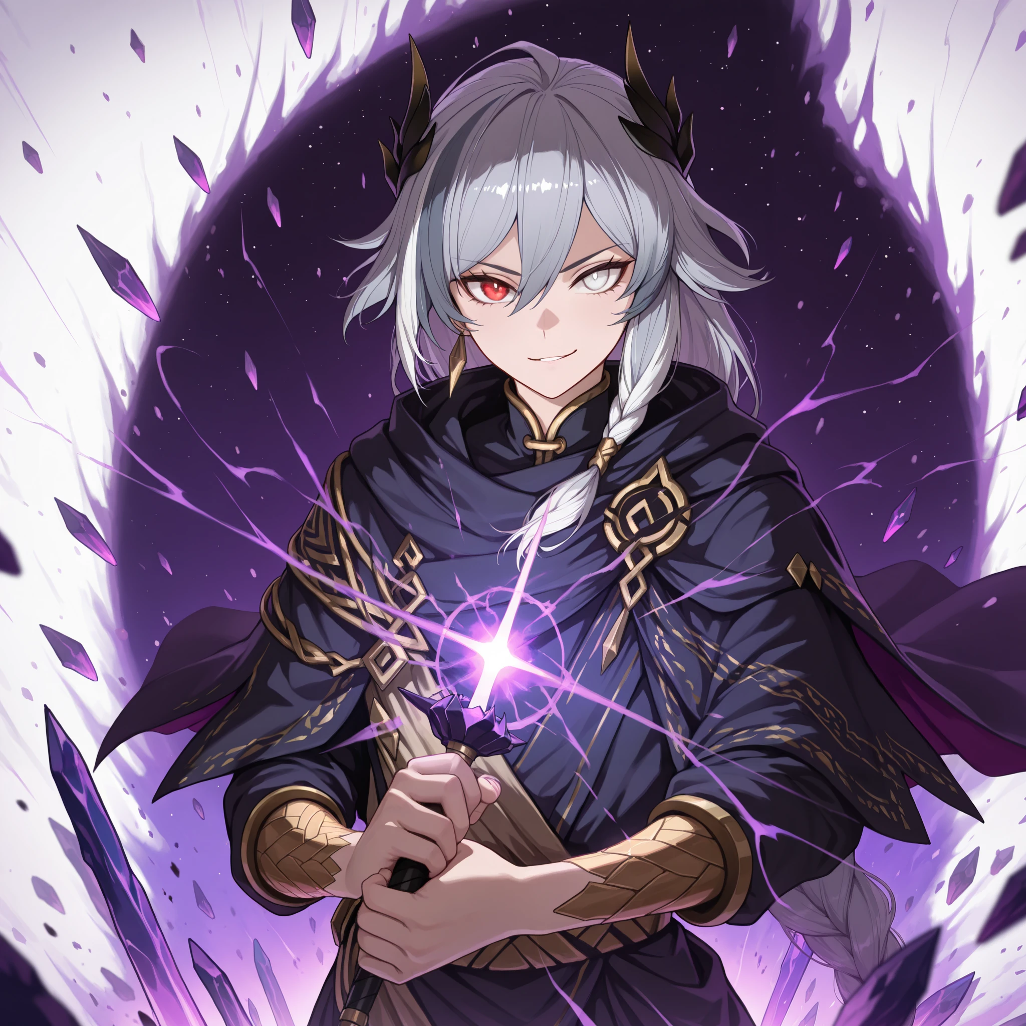 by [|inoitoh||arknights],
1girl, solo, alone, single character, chaotic background, magic aura background, (FuHua, Fol005, Fh_Hos:0.66), (dynamic action, upper body focus, headshot, medium shot:1.2),fu hua, white and gold toga, gray hair, white hair braided hair, multicolored hair, white eyes, red eyes, two tone heterochromia, ancient greek clothes, peplos, ,roman god, greco-roman clothes, roman priestess, purple aura, purple energy, surrounded by a nebula of thousands of colours, chaotic crystal energy, crystal pillars, crystal weapons, war priest, french capelet, french royalty,
looking at viewer, smirk, csmicvoid, (void rapier, cosmic shortsword, astral jian, void magic, cosmic magic, astral magic:1.2), surrounded by aura, surrounded by cursed magic, golden scars, golden light,
(mature, exquisite detail, 8k, 4k, sharp focus, ultra-detailed, detailed background, absurdres, best quality, amazing quality, very aesthetic, high resolution, newest, hyper-detailed:0.78)
 