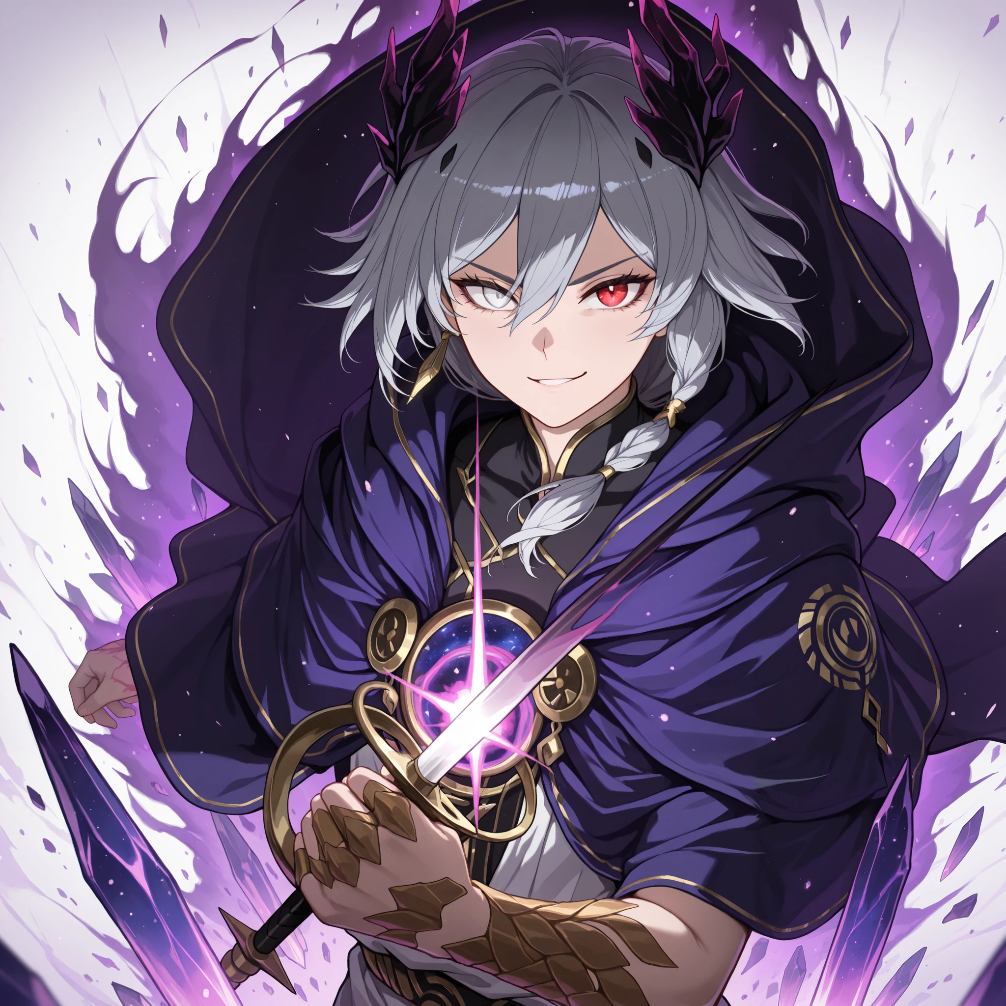 by [|inoitoh||arknights],
1girl, solo, alone, single character, chaotic background, magic aura background, (FuHua, Fol005, Fh_Hos:0.66), (dynamic action, upper body focus, headshot, medium shot:1.2),fu hua, white and gold toga, gray hair, white hair braided hair, multicolored hair, white eyes, red eyes, two tone heterochromia, ancient greek clothes, peplos, ,roman god, greco-roman clothes, roman priestess, purple aura, purple energy, surrounded by a nebula of thousands of colours, chaotic crystal energy, crystal pillars, crystal weapons, war priest, french capelet, french royalty,
looking at viewer, smirk, csmicvoid, (void rapier, cosmic shortsword, astral jian, void magic, cosmic magic, astral magic:1.2), surrounded by aura, surrounded by cursed magic, golden scars, golden light,
(mature, exquisite detail, 8k, 4k, sharp focus, ultra-detailed, detailed background, absurdres, best quality, amazing quality, very aesthetic, high resolution, newest, hyper-detailed:0.78)
 