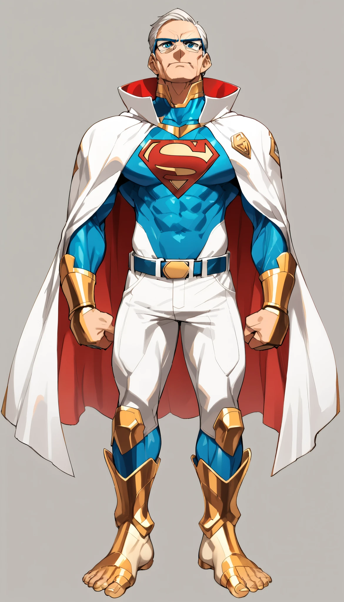 (My Hero Academia Style), ((OC)), ((1guy)), ((male)), ((perfect face)), (((perfect hands))), ((perfect anatomy)), (Knee gap), (Ankle Gap), ((standing)), ((looking at viewer)), ((plain background)), ((full body photo;1.5)), ((Older man)), ((mature man)), ((athletic body)), (Superman Suit), (Cyan Blue Bodysuit), ((White cape with red interior)), ((Superman logo on chest)), (((Golden chest logo))), (((Golden bracers and belt))), ((Defined musculature)), ((Square chin)), ((Cyan Blue Eyewear)), (((High Neck Cape))), ((Eyewear)), ((Cyan Blue Eyes)), (((white calf boots with gold toe))), (((severe look))), ((serious expression)), (Neutral gesture),