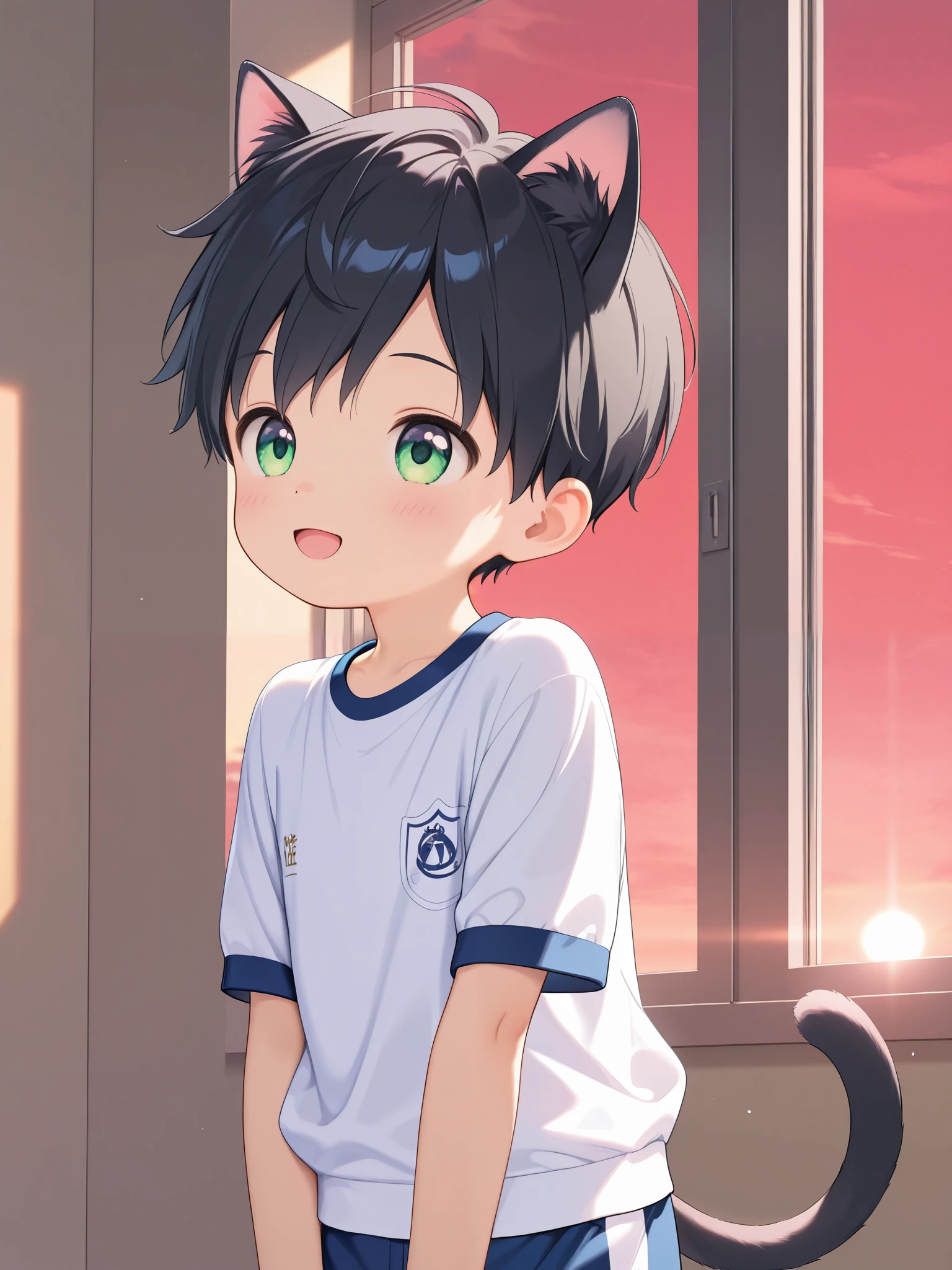1boy, type-g, cat boy, black hair, green eyes, half-open mouth, smile face, loved face expression, indoor, outside, window, shirt, shorts, sunset, red sky, tail, (Summer short gym uniform), white top and navy blue school gym pants, look at me, best quality, detailed,