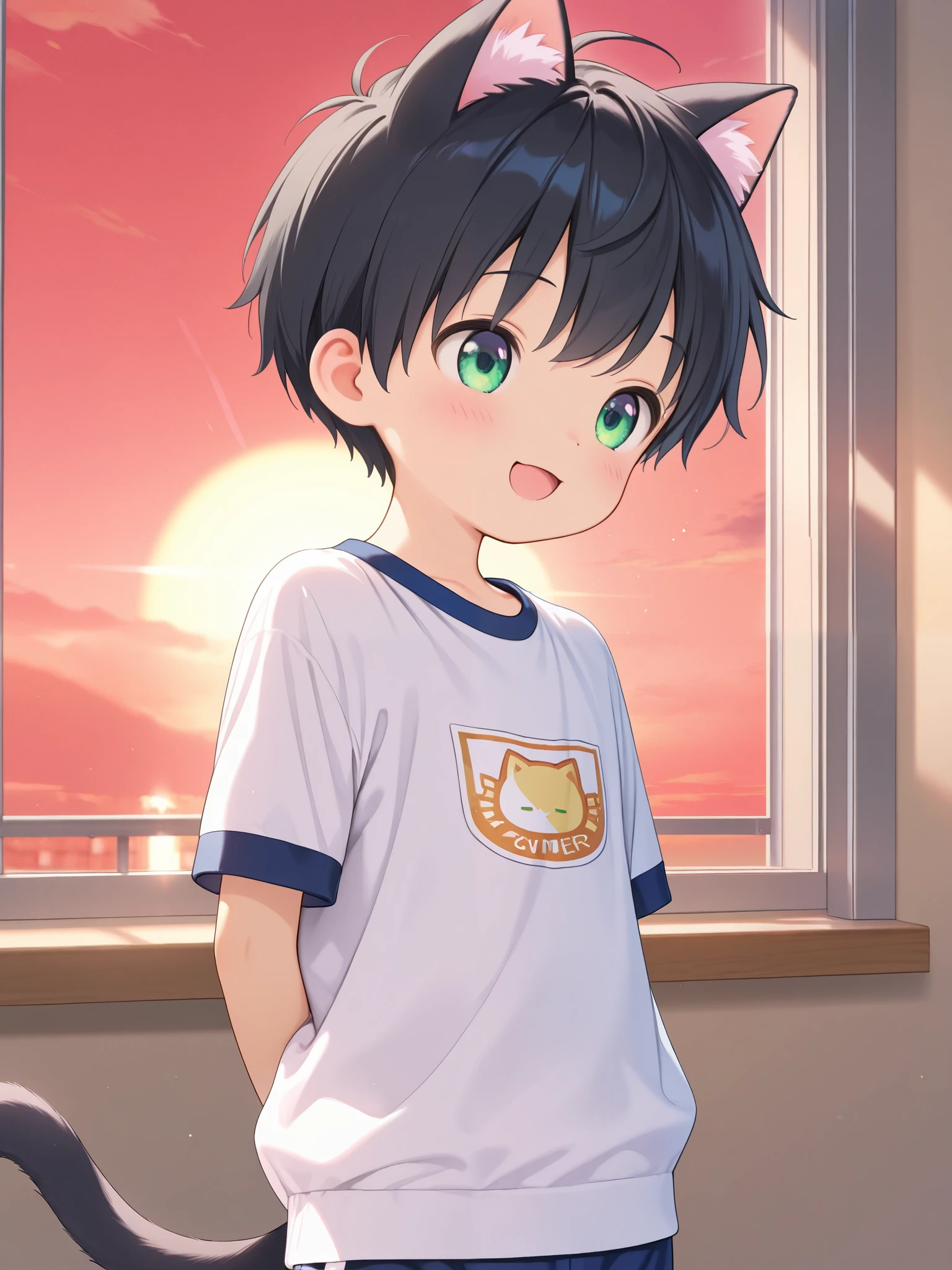 1boy, type-g, cat boy, black hair, green eyes, half-open mouth, smile face, loved face expression, indoor, outside, window, shirt, shorts, sunset, red sky, tail, (Summer short gym uniform), white top and navy blue school gym pants, look at me, best quality, detailed,