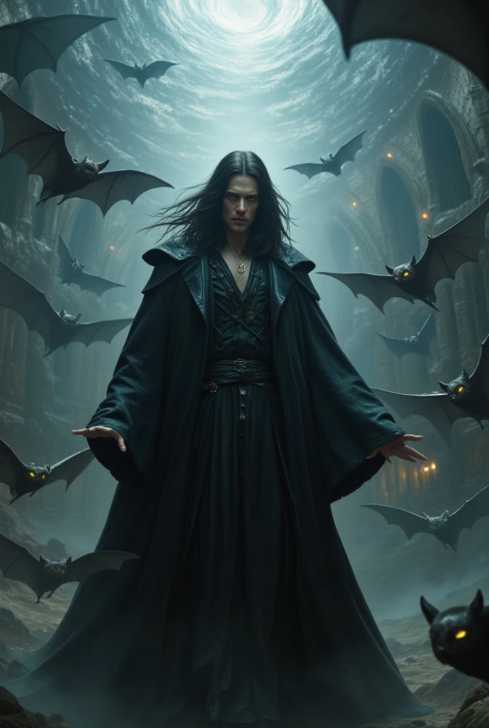 A man with long black hair, dressed in a long black robe, surrounded by a swarm of bats,epic scene,cinematograph style