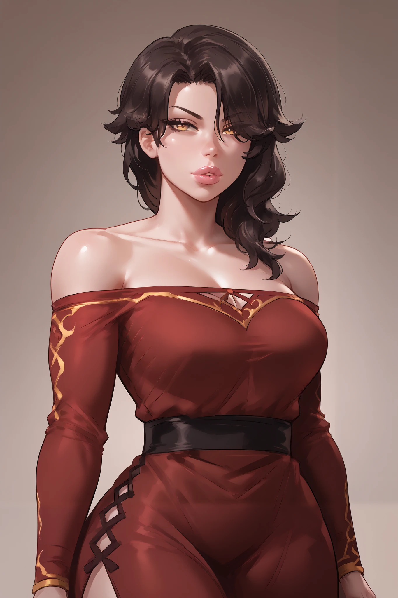 score_9_up, score_8_up, score_7_up,score_6_up, score_5_up, score_4_up, 1girl, cinder fall from rwby, full lips,zPDXL2, wide hips, sketch lines, cindervale, hair over one eye, red dress, off-shoulder dress, long sleeves, bare shoulders, futanari, thick veiny cock,