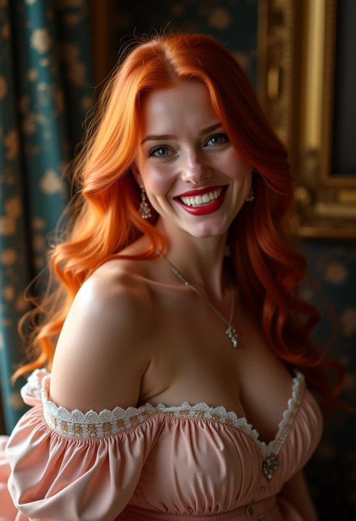 FACE SHOT OF BEAUTIFUL BOMBSHELL RED HAIR WOMAN, LONG RED HAIR, VERY PALE SKIN, YELLOW EYES, EXPRESSIVE YELLOW EYES, LOVELY FACE EXPRESSION, CLOSED MOUTH SMILE, HIDEN TOOTH, GORGEOUS LIPS, ROSY CHEEKS, HIGH CHEEKBONES, MENTAL FORAMEN, VOLUMOUS BREASTS, STRAPLESS CLEAVAGE, VICTORIAN DRESS, LIGHT BLUE DRESS, CURVY BODY, FRONTAL ANGLE SHOT, STAGE THETER, RED CURTAINS, DIFUSED LIGHTS, YELLOW BACK LIGHTS, MASTERPIECE, ACCURATE IMAGE, HIGH QUALITY, DETAILED IMAGE