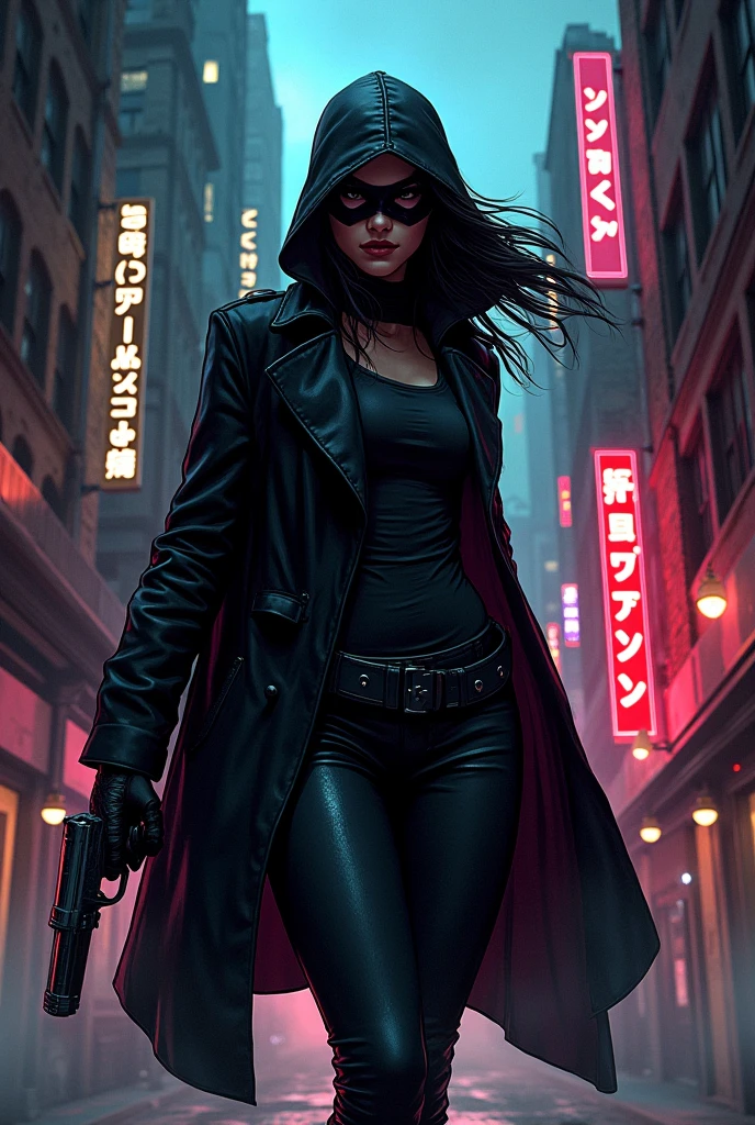 cyberpunk-style city with a nocturnal vibe with Matrix-like aesthetic references, glowing huge clock tower as time machine, green glowing cascading code. At night, (1girl, solo, alone), photorealistic, medium-breast slim:0.6 body, oval:0.5 face, cleavage:1.1, sexy black laced bra, miniskirt, white laced panty, coat, (black micro sunglasses), (aiming with a short gun), (slightly leaning forward running pose), ((half-body thigh level medium shot)), cinematic lighting, ray tracing, radial zoom blurred background.