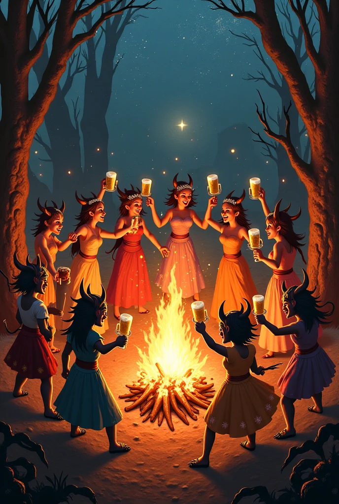 Africanas Nude, with long curls, Three women together black skin, evil laughter, sitting, swamp forest, corona, Nude, calaveras. candles, trident, full moon, Nude, blood , preparing potion in a cauldron. fire , Nude, black goats, jovial laughter, crowns, jewelry , throne, naked , cemetery