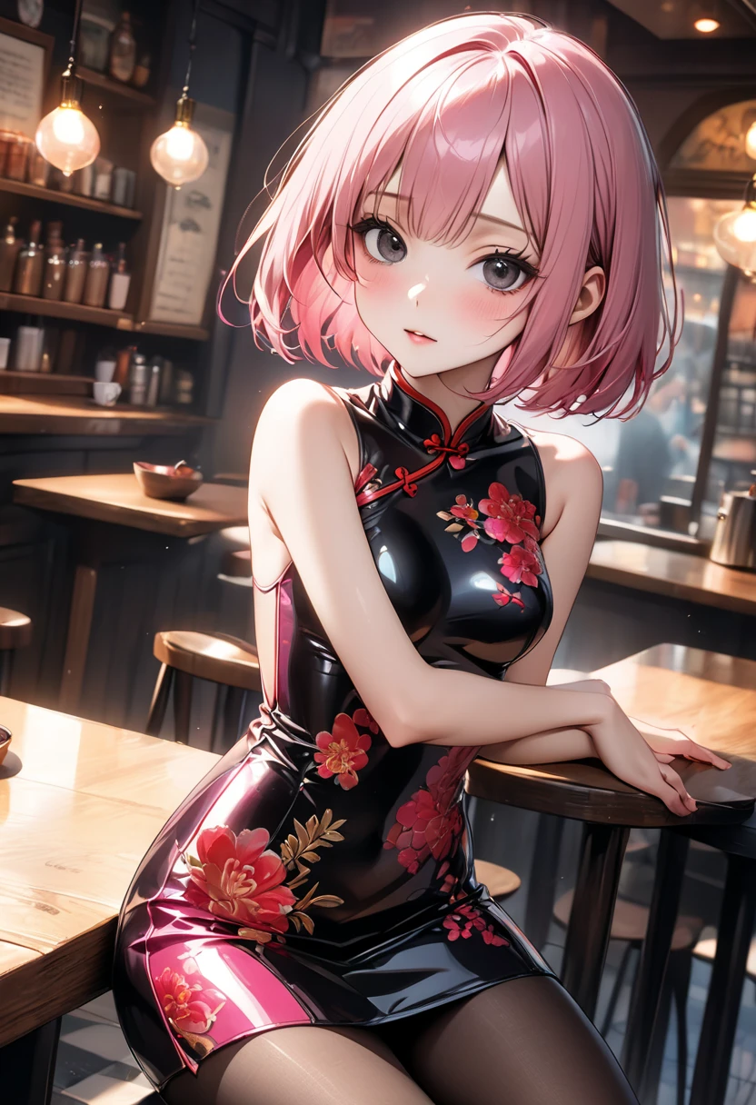 Momodebilke, Deviluke Type, demon tail, Hair Flower, hair ornaments, happy smile, smile, Open your mouth,blush,(Purple eyes:1.1), Pink Hair, short hair, tail, smile,Sleeveless china clothing,Long slit,Black pantyhose,Stiletto heels,Walking,Cafe, remainder, food, drink, Tables and chairs, cleaning, tray, tray in one handwhole bodyがイラストに入るように,
break indoors, Chinese style coffee shop,
break looking at viewer, whole body,
break (masterpiece:1.2), Highest quality, High resolution, unity 8k wallpaper, (figure:0.8), (beautiful detailed eyes:1.6), extremely detailed face, Perfect lighting, extremely detailed CG, (Perfect hands, Perfect Anatomy),
