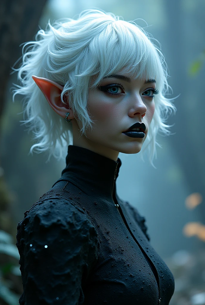 a young woman with vibrant silver hair, with a slightly messy style, pixie cut, His eyes are a striking green., and has light freckles scattered across her face. Elf&#39;s ears, Lighting should be warm, giving your skin a slightly shiny appearance. The background should be abstract and soft., Warm tones and some silver splashes to match your hair.. She is wearing a black, suit with shirt with subtle silver details. Cyan colored choker on her neck, The overall atmosphere should be modern., slightly ethereal, and striking.