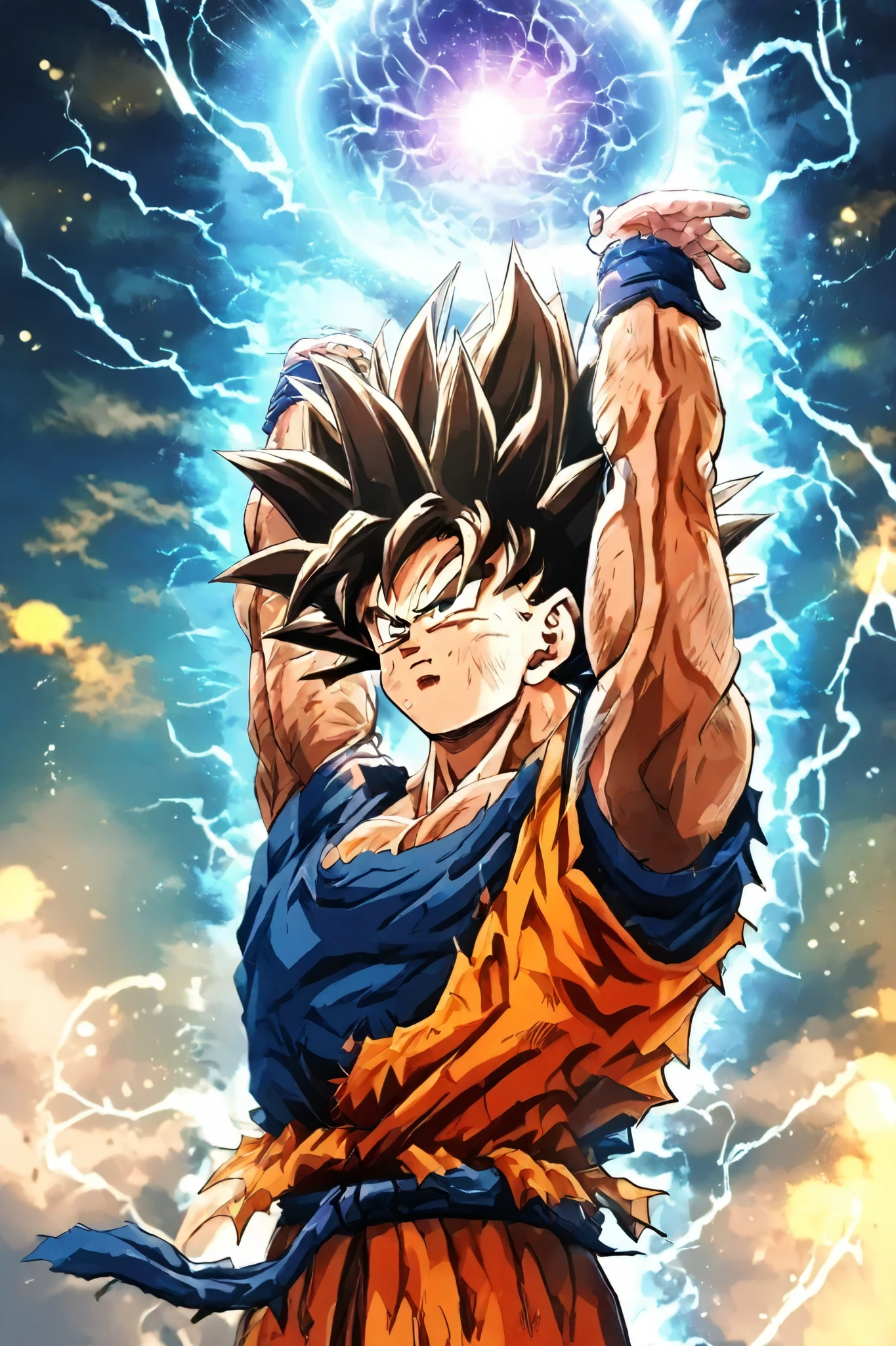(masterpiece, best quality:1.2), extremely large Genkidama, electricity, light particles, arms up, aura, solo, Son Goku, Genkidama at top,
