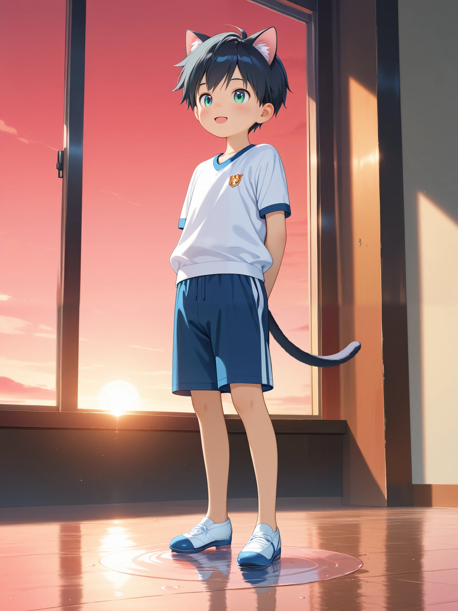 1boy, type-g, cat boy, black hair, green eyes, half-open mouth, smile face, loved face expression, indoor, outside, window, shirt, shorts, sunset, red sky, tail, (Summer short gym uniform), white top and navy blue school gym pants, look at me, best quality, detailed, Anime boy in swimsuit standing in a puddle of water, anime drawing by Shitao, pixiv, shin hanga, short anime boy with blue eyes, anime boy, young anime boy, handsome anime pose, anime handsome boy, full body portrait of a short person!, high quality anime art style, realistic anime art style, smooth anime cg art, highly detailed details, masterpiece,