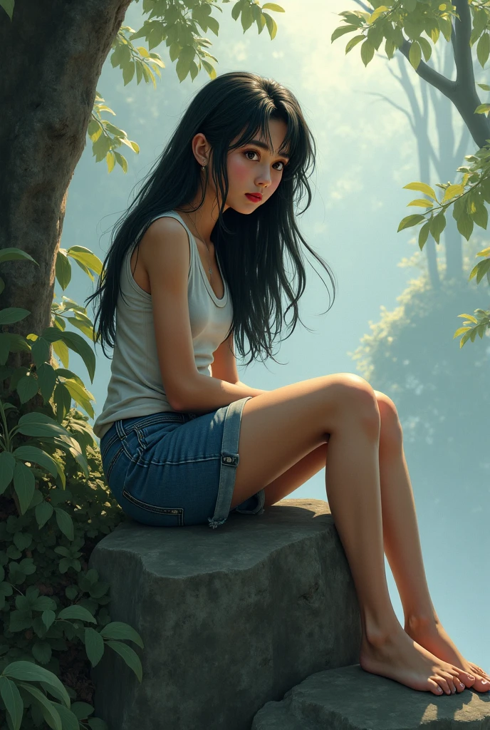 (Best Quality, Masterpiece: 1.2), Woman, Portrait, Translucent Open Collar Blue Shirt (Chestless), (Tong), Mullet Head, Long Black Hair, Brown Eyes, Hips, Sneakers, Squat, Full Body, Outdoor, In the Woods --auto