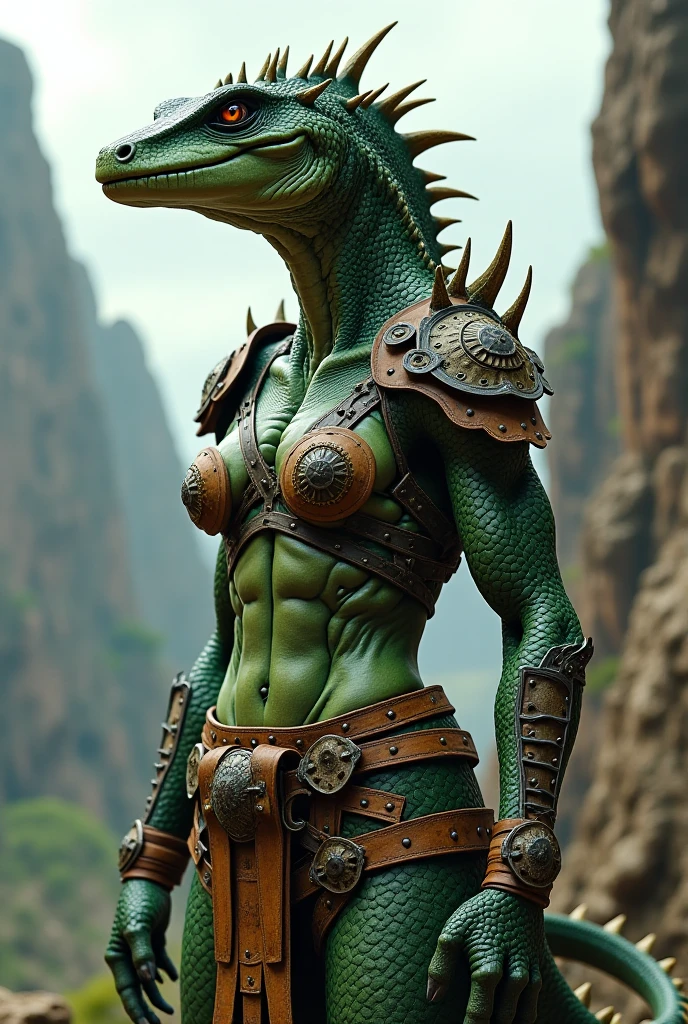 Iron creatures pounce, Crocodile Woman、(Femininity:1.5)、Green body、Full body,Animal anthropomorphism, red eyes、cruel、Realistic Digital, Humanoid、Convoluted, epicd, Dramatic, masutepiece, high detailing, Best Quality, 超A high resolution、Horror movie lighting