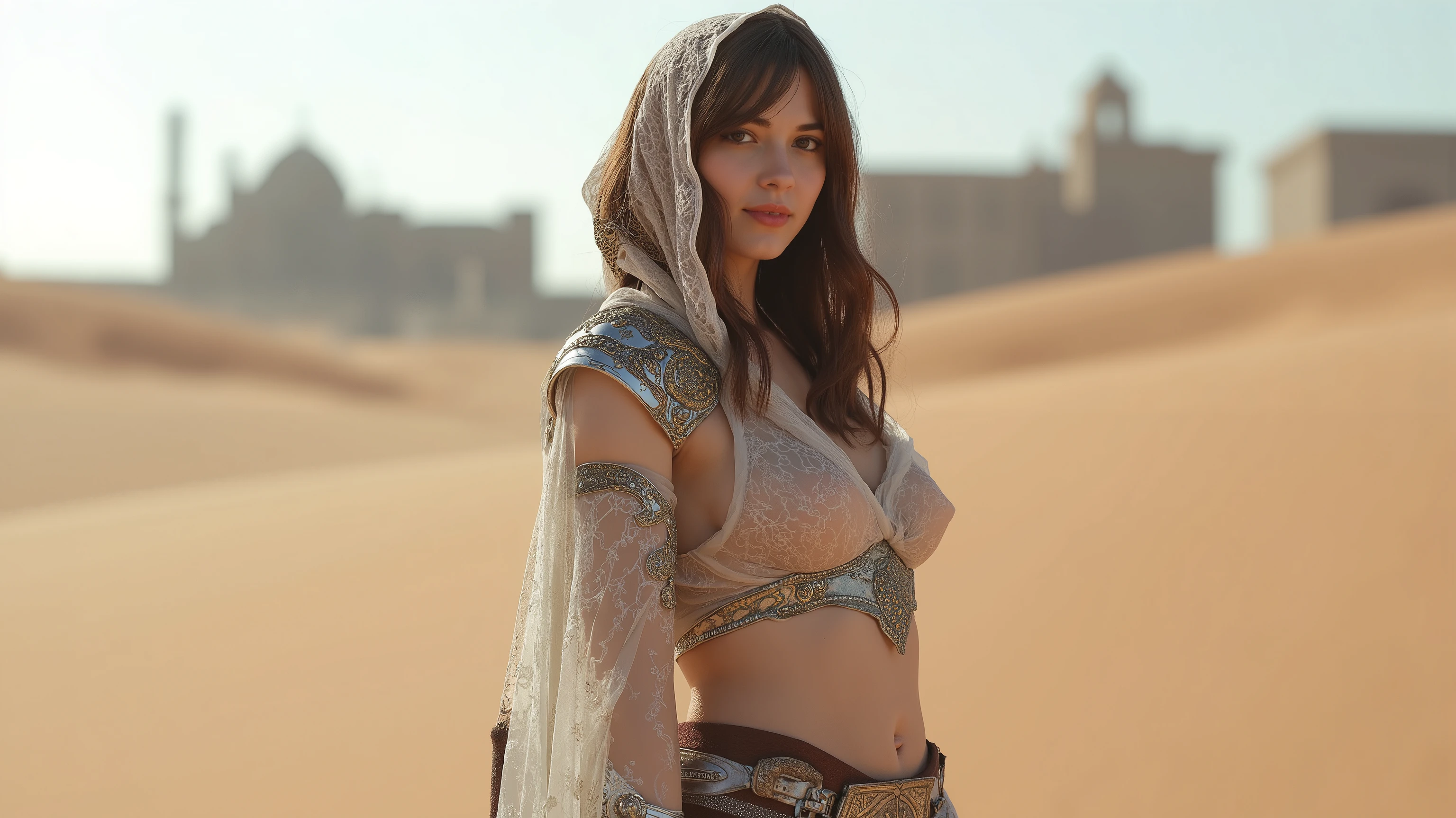 full body photo, Arabic young woman, arabic see through silk clothes, armour, hood, skimpy, sand dunes, in the horizon is a old ruin city, ray tracing, UHD, 16k, DSLR, photorealistic, masterpiece, award-winning