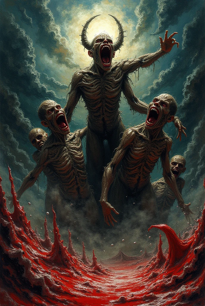 Dead and sicks and zombies fighting each other, under a cloudy sky of disgrace. Horror art, unreal engine, color drawing.