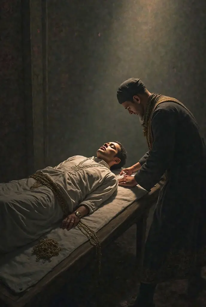 Barber in the Middle Ages drawing blood from a man lying on wooden boards in a dirty brick house