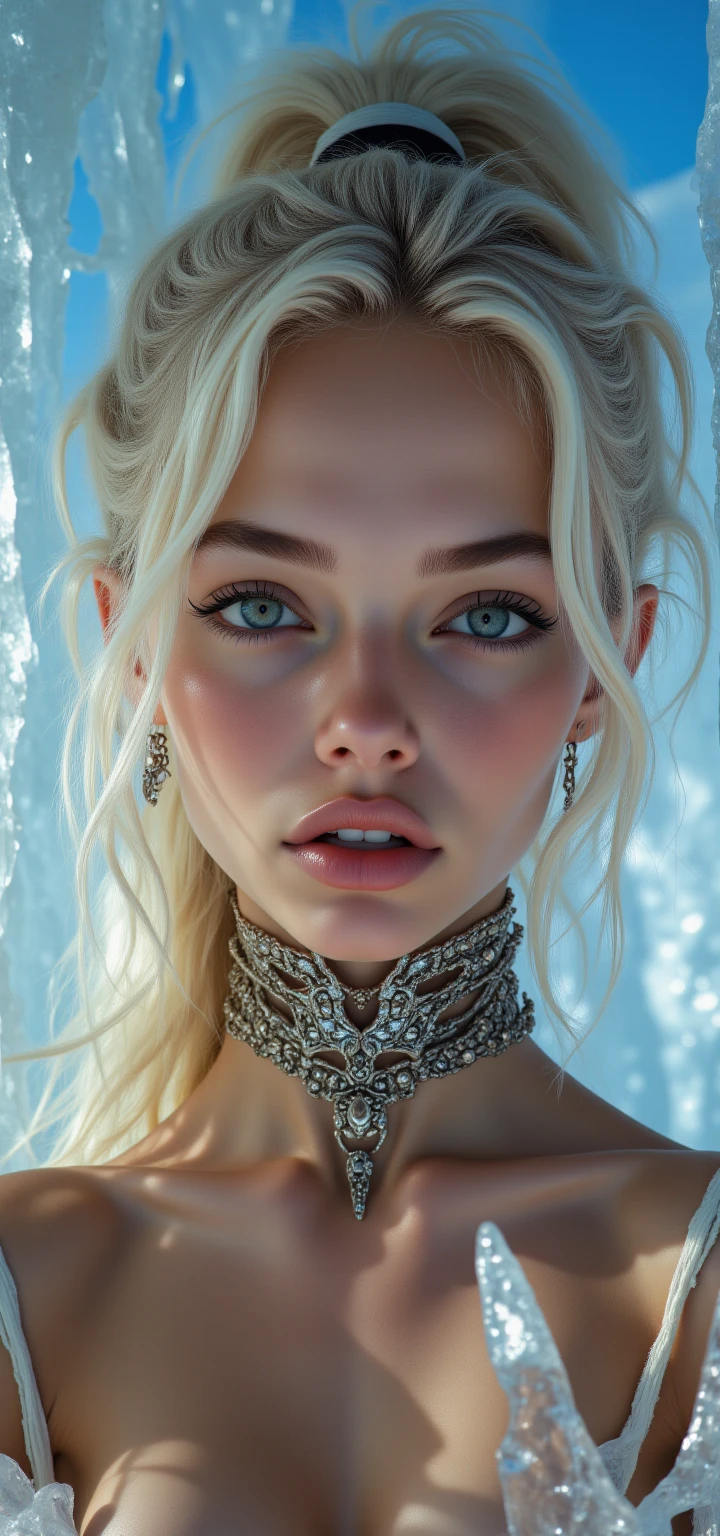 Upper body, Crystal-encrusted Human swedish girl, sexy poses, The white skin is inlaid with transparent crystal, ((lens)), The structure is made of crystals, perfect body, slim body, sexy, (full bottom black), bioluminescent tattoos, cinematic lighting, ((intricate details, Masterpiece, Best quality)). invisible fabric