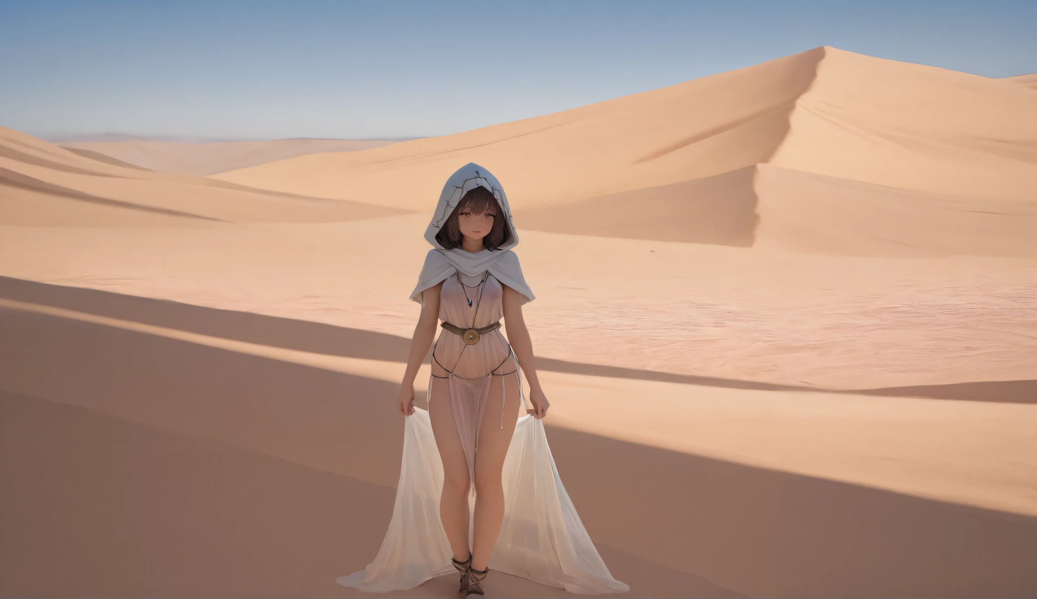 full body photo, Arabic young woman, arabic see-through silk clothes, armour, hood, skimpy, sand dunes, in the horizon is a old ruin city, ray tracing, UHD, 16k, DSLR, photorealistic, masterpiece, award-winning