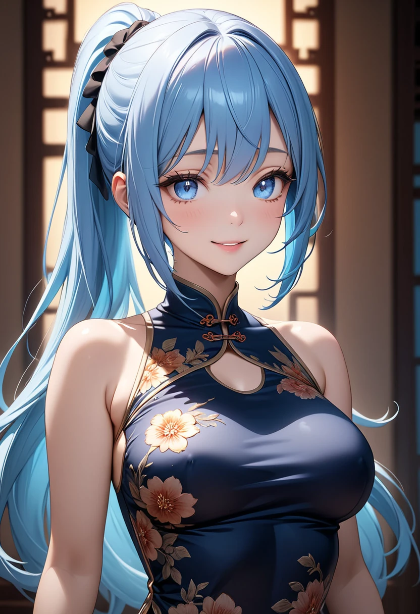(masterpiece), (highest quality), (Super detailed),(Disheveled Hair),(figure), (One girl), Are standing, smile, Beautiful fine details, Bright Blue Eyes, Beautiful face in every detail, (kamisato ayaka: 1.2), Focus on the face, ponytail, kamisato ayaka(Genshin Impact), Light blue hair, Detailed Hair, bangs, Best lighting, Best Shadow, Very detailed, Vibrant