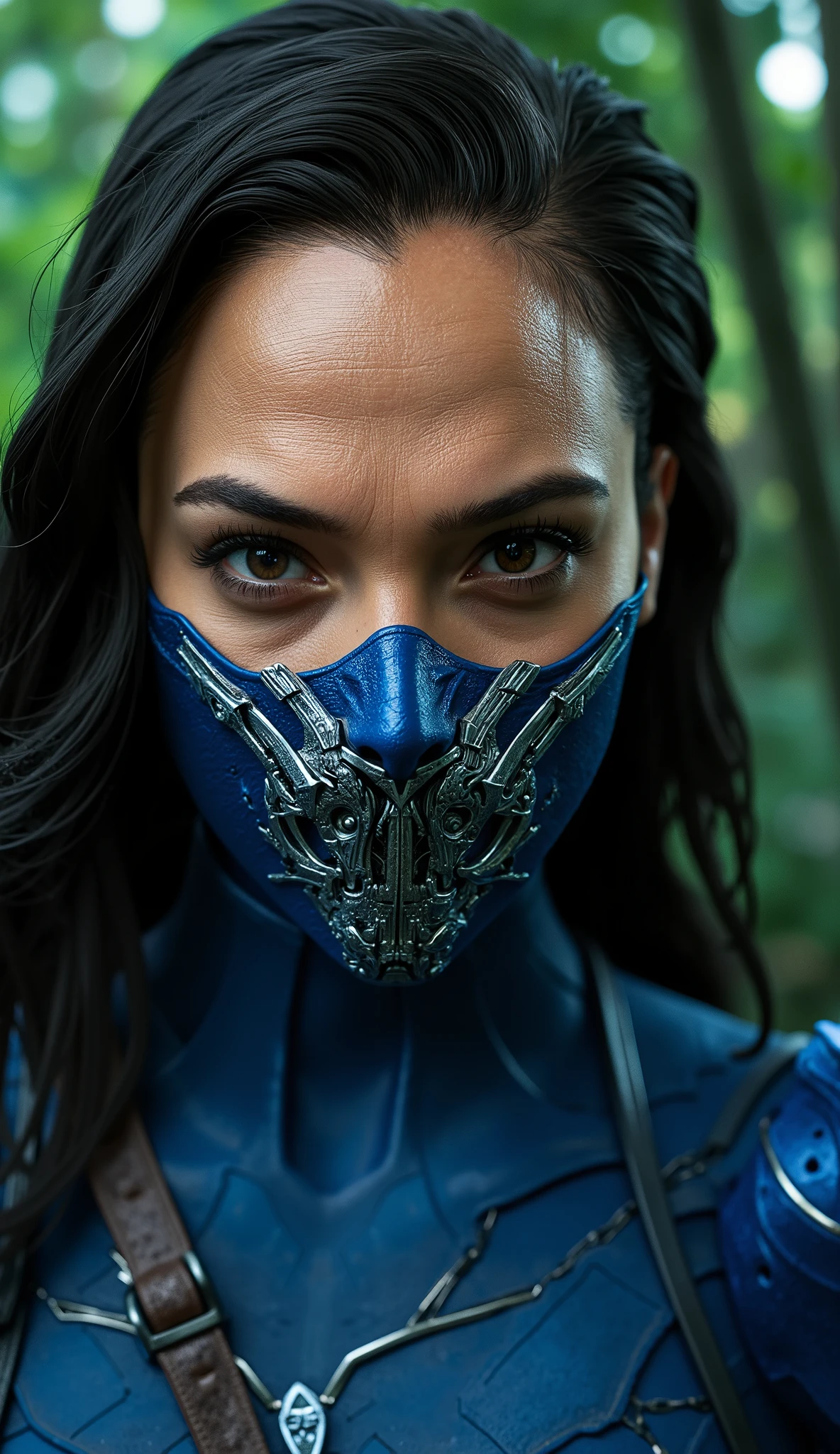 Hyper-realistic photographic style. Gal Gadot as Kitana . Close-up do rosto. Extremely realistic blue mask and silver details. flawless skin texture. Bottom: dense forest, Greg Rutkowski style . dramatic lighting. 8k. 8k, rendered in Unreal Engine 5 realistic background Ultra-detailed textures, Cinematogr lighting