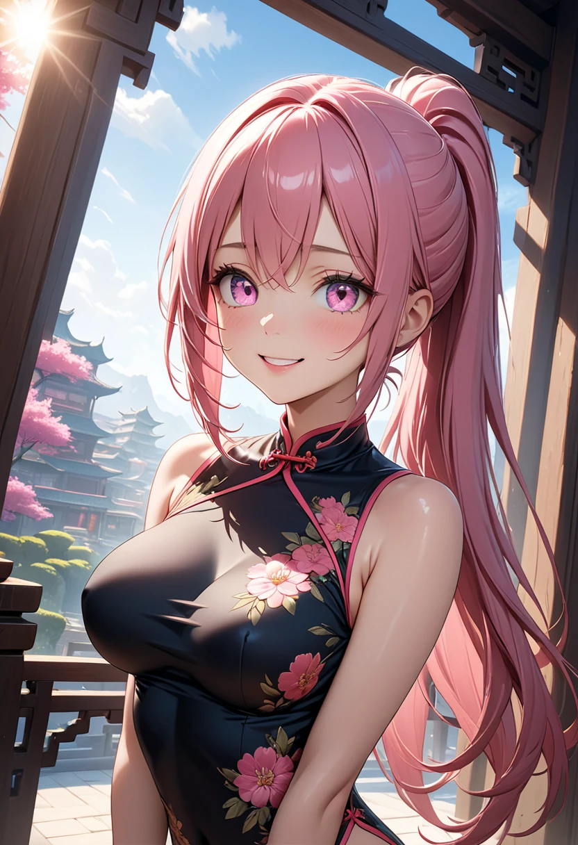 Please follow the all prompts below exactly and faithfully, This is a masterpiece of the most beautiful digital illustrations in the highest quality with maximum resolution, UHD, 512K, 2160p, 10 million ppi, 300 million dpi, natural tones, created with ultra-clear details, the highest realistic skin and hair texture, the most beautiful detailed eye features, a perfect anatomically correct human body, a beautiful background with depth, the rule of thirds, depth of field, and the best and most beautiful natural lighting, BREAK 1woman, 25years old, beautiful face sharp, elf, Ultimate perfect body style, pink hair, long hair, ponytail, beautiful blue eyes, beautiful big breasts, highly upturned breasts, smile, shiny clothes, (Ultimate minimum pink erotic Chinese dress:1.5), at the outdoor poolside,
