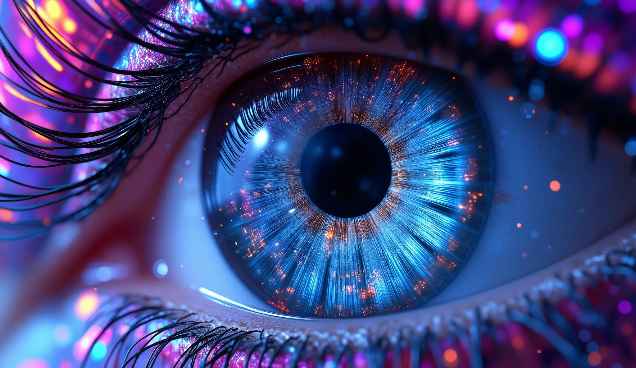 Close-up of the surreal cyber mechanical eyeball, composed of a quantum gradient of deep sky blue (#0B3D91) and electronic violet (#8A2BE2), the iris presents a superposition effect of precision mechanical texture and holographic data stream, liquid metallic luster flows on the surface of the bionic blood vessels, the pupil embedded augmented reality HUD interface displays binary codes, 360° surround nano-level mechanical deconstruction animation, Fibonacci spiral composition guides visual focus, the background integrates future city holographic projection and electromagnetic pulse special effects, and cyberpunk light and shadow with neon blue(HSL 180°, 100%, 50%) highlights, 0.8% electronic noise in shadows, Octane Render, 8K resolution, ultra-fine biomechanical detail