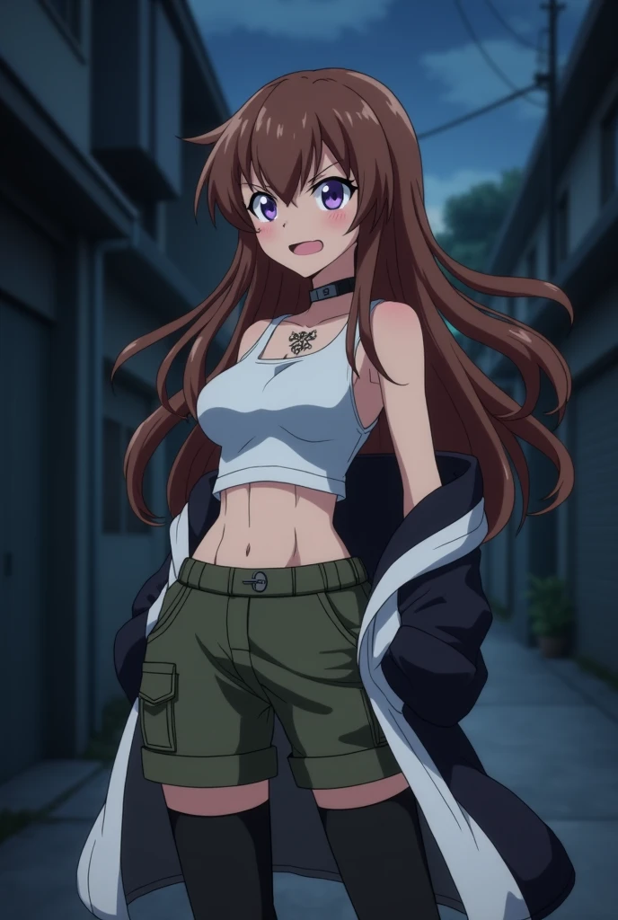 solo, 1girl, looking at viewer, 2D, anime, anime coloring, asuha chigusa, , smirk, mall, shopping center,indoors, blush, lipstick, jewelry, earrings, Hot girl, baddie, mean girl, sensual, attractive, masterpiece,high quality,4k, bare shoulder,belly,crop top,holding
pistol,cleavage,, unbuttoned shirt, knot ,smile, open mouth, (nsfw) not safe for work, evil expression, exposed belly, exposed navel,
exposed midriff, exposed lower belly, crop top overhang, underboob,jacket, unbuttoned jeans , low
rise black jeans, Low rise jeans, Low rise jeans with open fly