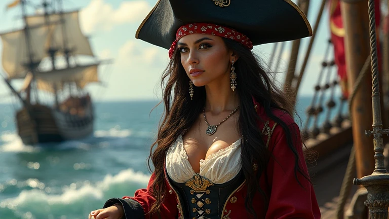 (beautiful and detailed eyes), (highest quality), (Super detailed), (masterpiece), (detailed face),An Pakistani woman wearing hat is holding a watch, big breasts with bra, female Pirate Captain, swashbuckler class pirate, pirate portrait, pirate woman王, attractive seductive woman,