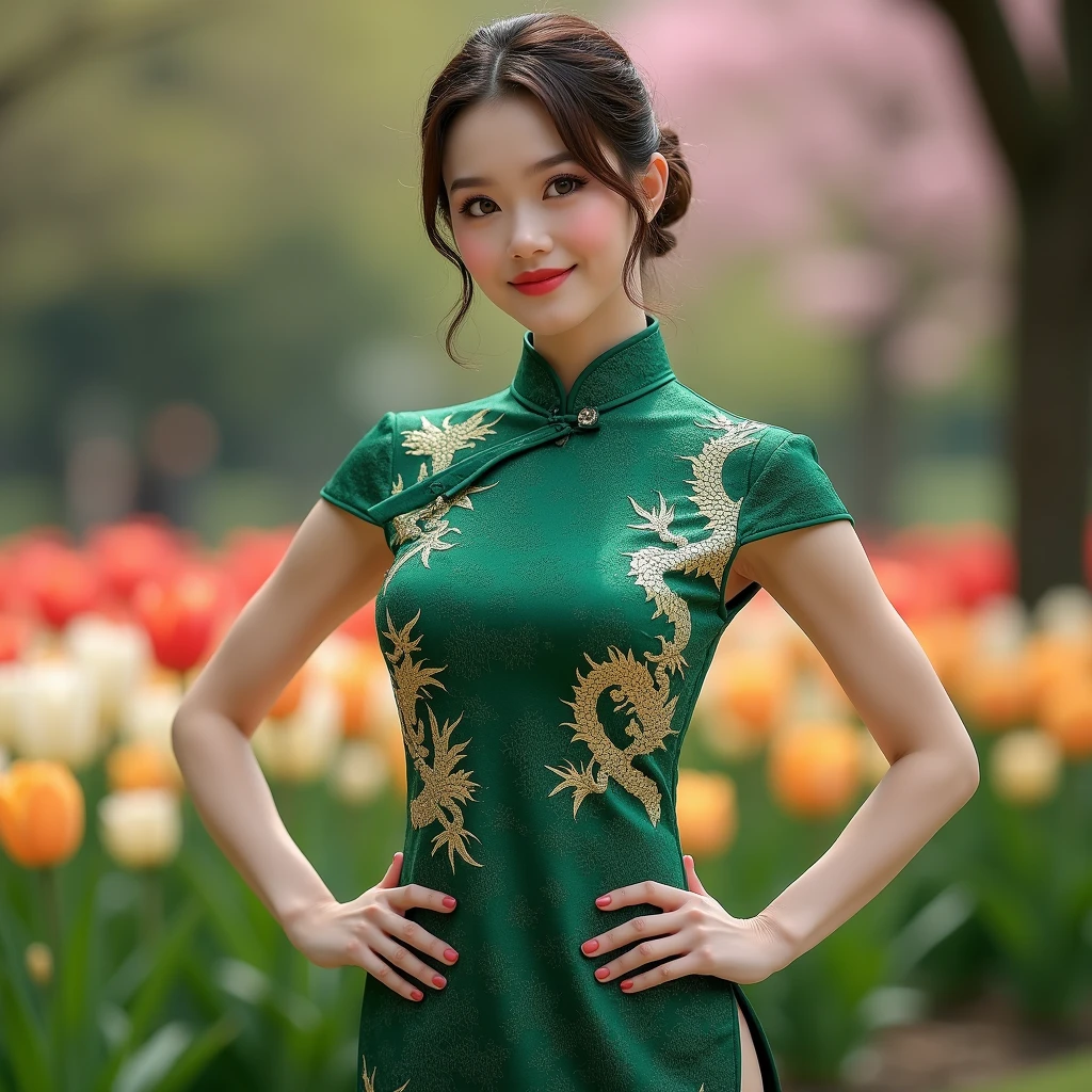Two women in light yellow dresses take pictures in the garden, beautiful gemini twins portrait,Colossal tits,爆乳,sakimichan hdri, beautiful gemini twins, ,Light Yellow Silk Dress, Fine embroidery of flowers,Cute elegant pose,Wearing a green cheongsam,Cheongsam with slit,Silk cheongsam,In a light yellow cheongsam