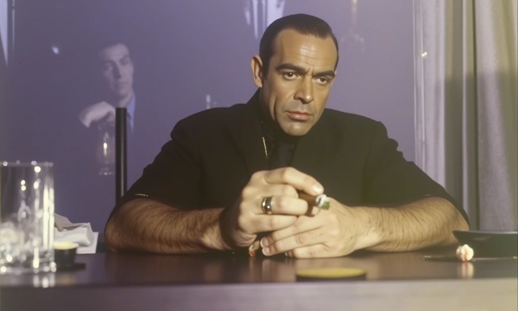 The image shows Yuri Nikulin at the age of 50, depicted as a mega-cool mafia boss, sitting voluptuously in a leather chair, smokes a cigar, there are dollars and weapons in front of him. the image is realistic, in high resolution 8K