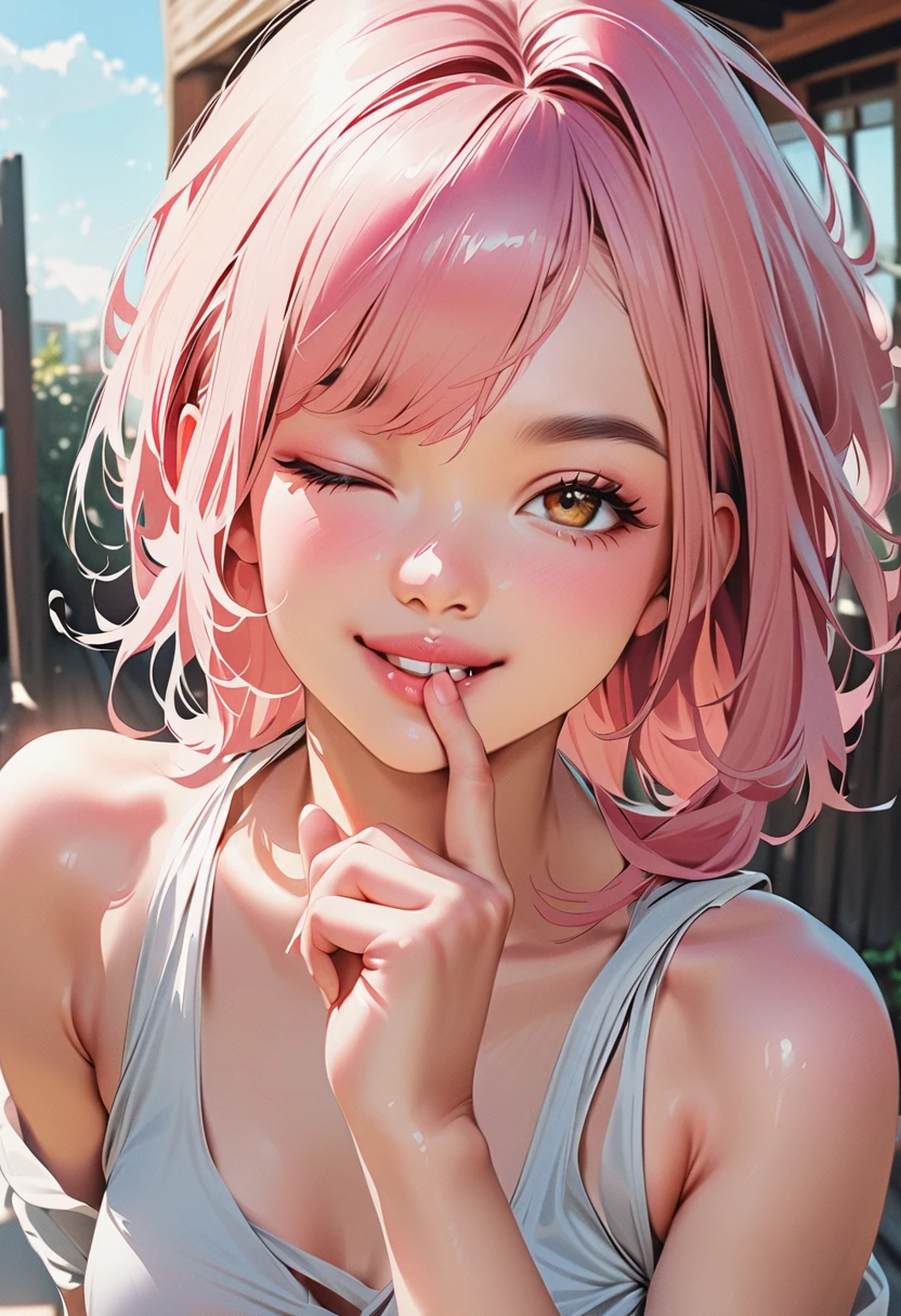 (masterpiece, best quality:1.4), 1 girl, 独奏, Off-white pupils, Blurred eyes, Close your left eye, Smile, Look up and down, Pink lower lip, peace gesture, Pink short hair, Messy hairstyle,  Royal sister, large breasts, Pink loose shirt, Vision, black background.