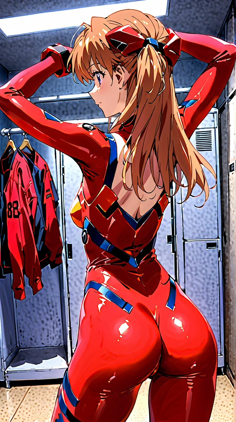 A Female robot is sleeping in the book, spread legs, nude, banzai pose. she wears no dress. She Brown short hair is tied with two big red clothespins, She lifts up the under hem of her white plain dress, leaning over, masterpiece, very short pigtails,brown hair, mature, android, blue eyes, full body figure, Height: 160cm, flushed cheeks, 2020s anime picture, A beautiful robot with short brown hair in two short pigtails held up by two very large huge red clothespins, Uplifting, No NSFW, whole body, barefoot, archaic smile, getting orgasm, 25 years old, sweat bucket.