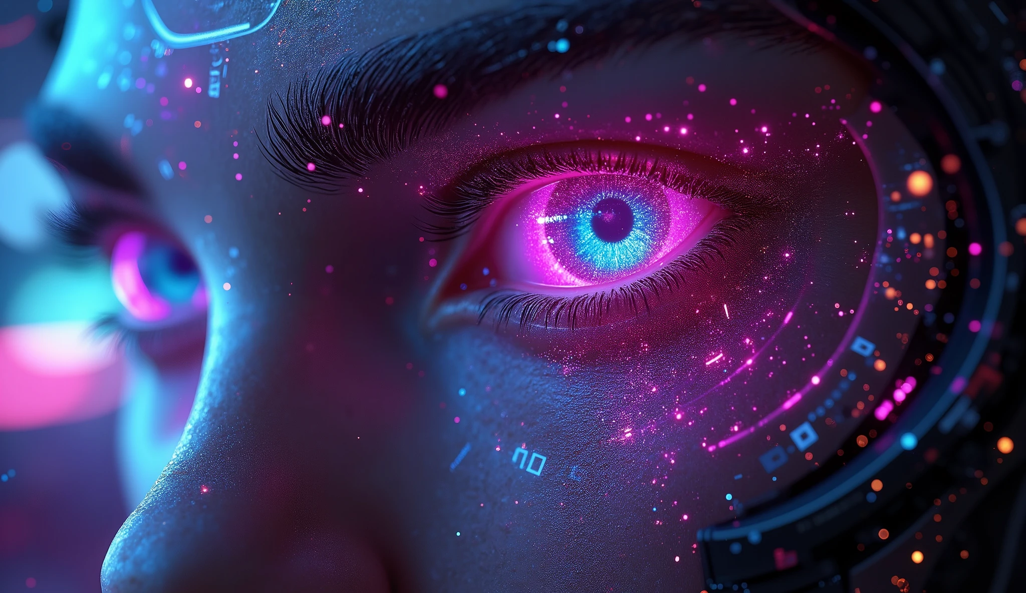 Half-body close-up of a cyberpunk cyborg. The left eye is a sophisticated mechanical bionic eye (gradient from #0B3D91 deep space blue to #FF00FF neon pink). Holographic data streams and binary codes are embedded in the iris. Glowing nano-circuits (with the texture of liquid metal) can be seen at the fusion point of the bionic skin and the mechanical skeleton. The cyborg's face has graphene tattoos. The background is a neon city in a rainstorm (gradient from #8A2BE2 electronic purple to #00FFFF cyber cyan). The bionic eye projects an AR tactical interface light screen. The mechanical fingers trigger electromagnetic pulse ripples. Cyber moonlight (with a cold light intensity of 0.8) and holographic advertisements (with a dynamic light intensity of 1.5) interweave for illumination. The dark areas contain 1.2% digital noise. Rendered with Octane, with a resolution of 8K and ultra-fine biomechanical textures.