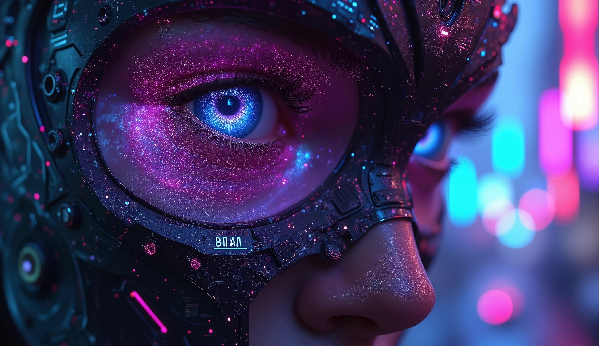 Half-body close-up of a cyberpunk cyborg. The left eye is a sophisticated mechanical bionic eye (gradient from #0B3D91 deep space blue to #FF00FF neon pink). Holographic data streams and binary codes are embedded in the iris. Glowing nano-circuits (with the texture of liquid metal) can be seen at the fusion point of the bionic skin and the mechanical skeleton. The cyborg's face has graphene tattoos. The background is a neon city in a rainstorm (gradient from #8A2BE2 electronic purple to #00FFFF cyber cyan). The bionic eye projects an AR tactical interface light screen. The mechanical fingers trigger electromagnetic pulse ripples. Cyber moonlight (with a cold light intensity of 0.8) and holographic advertisements (with a dynamic light intensity of 1.5) interweave for illumination. The dark areas contain 1.2% digital noise. Rendered with Octane, with a resolution of 8K and ultra-fine biomechanical textures.