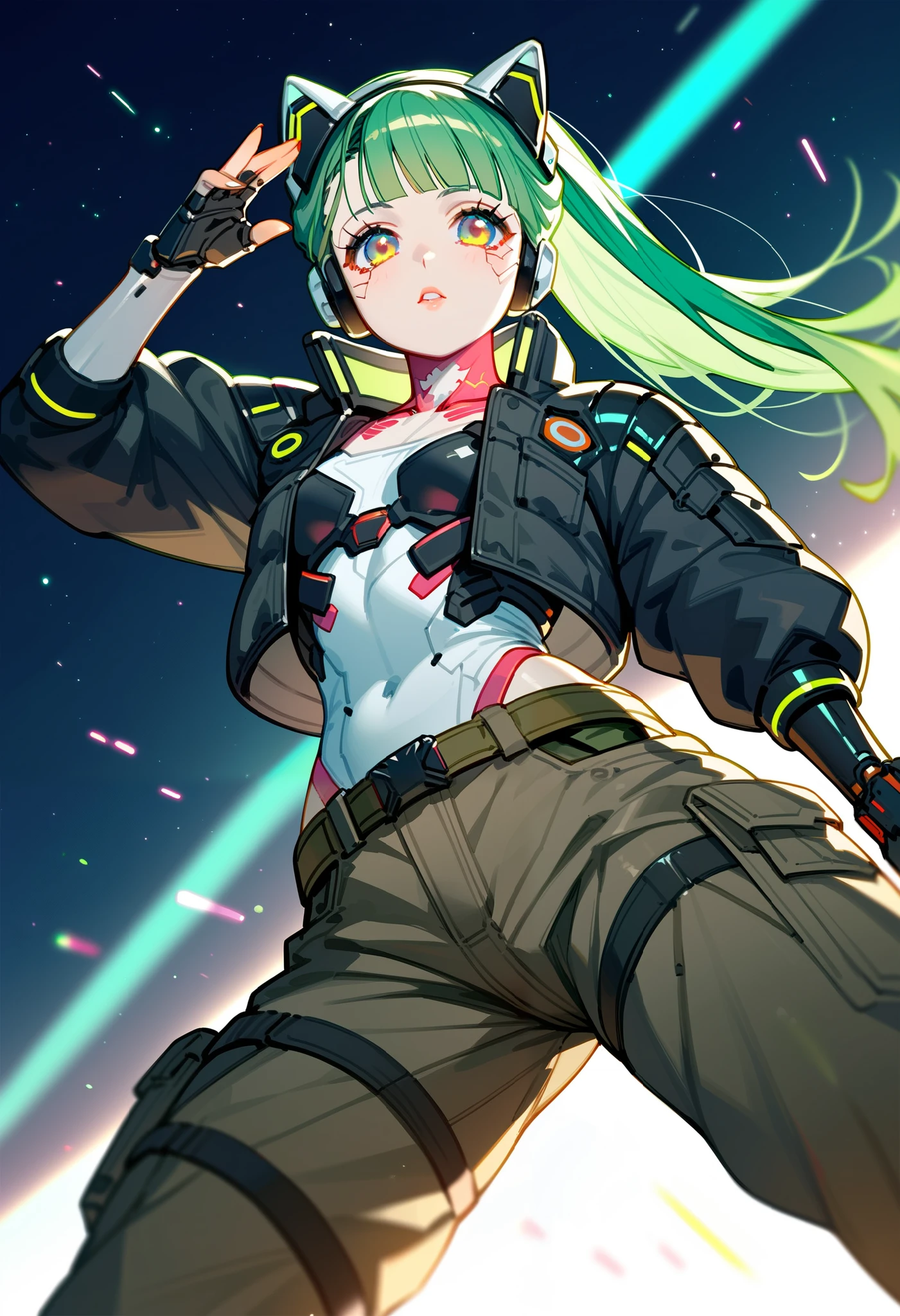 masterpiece, best quality, highres, 1girl, sexy Mecha Oni Girl\(cyberpunk\), solo, long hair, mechanical eye, colored sclera, red sclera, colored skin, white skin, leg tattoo, neck tattoo, green hair, long hair, small breasts, underwear, tusk, red pupils, skin tusk, red eyes, black jacket, standing, cowboy shot, sideways,