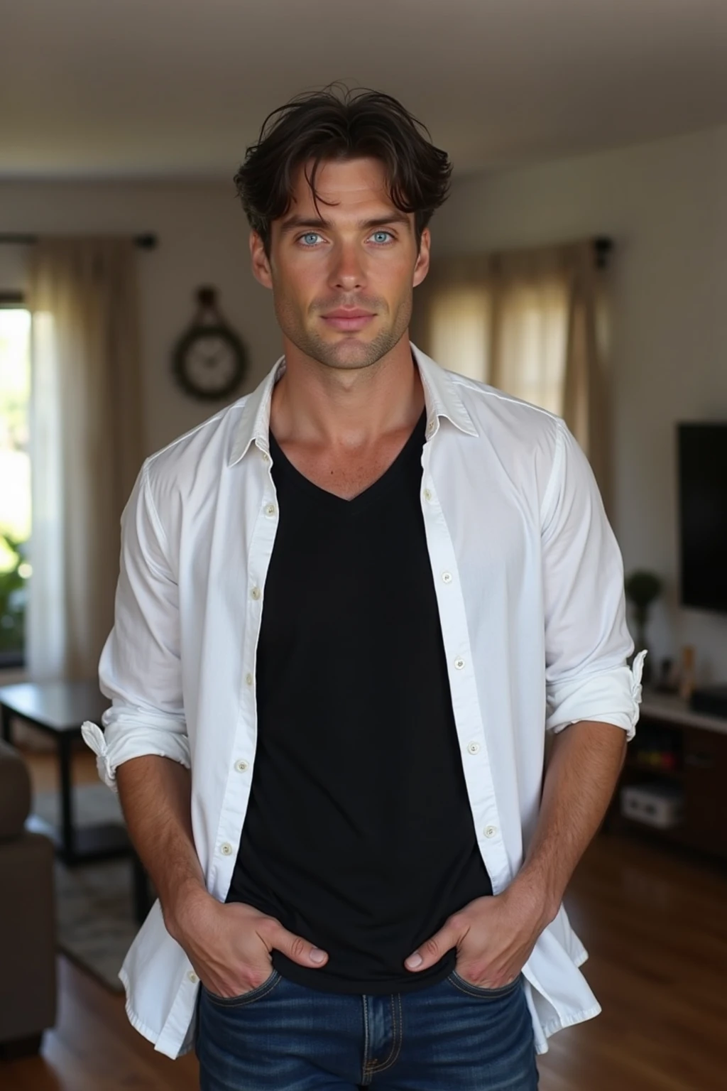Handsome Man 38, lean muscular body, tan skin olive, his eyes are blue, 1.90m, his hair is dark brown with natural waves that flow down his shoulders, a little stubble unshaved, wearing a black suit, white shirt