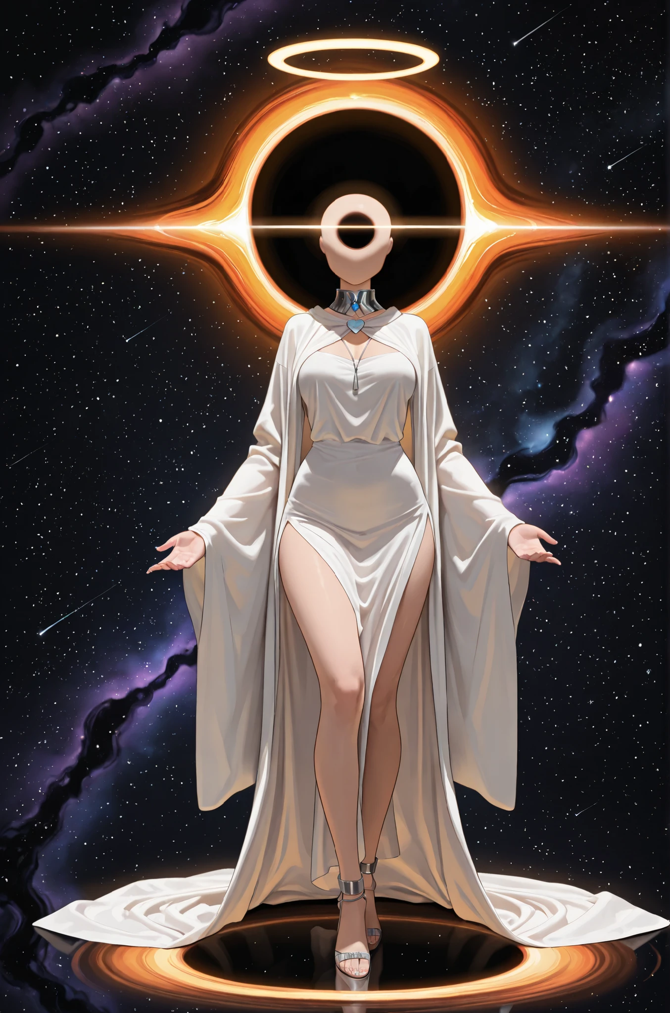 ((no head, Instead of a head, a Black hole)), Hand and silver jewelry. white Greek robes, private places are covered. They emit orange light inside the tape. Gradation. halo. goddess. divine . Gray Aurora. high resolution. Cosmic Horror. Personification of space. hands and legs are beautiful, and within it, the Milky Way and the like are in harmony. huge growth, Her body ends in black, and her heart shines with a circular Orange light in the center of her chest. Her whole body is covered in light, surrounded by hundreds of millions of rotating circular light strips, to protect her, her model, Sparkling, like the vast Universe. Life is created there, where light passes. Her arms are wrapped in sacred cloth, particles, flowing through light, trapezoidal and emphasizes their beauty. transcendental, in the middle of space .