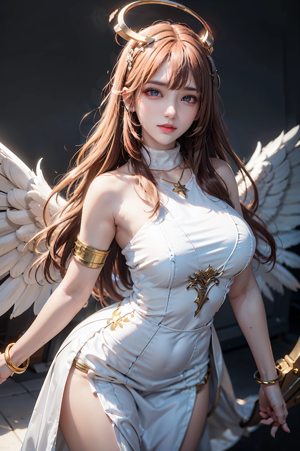 ultra realistic 8k cg, picture-perfect face, flawless, clean, masterpiece, professional artwork, famous artwork, cinematic lighting, cinematic bloom, perfect face, beautiful face, beautiful eyes, (perfect female body, narrow waist), (cleric suit, Lace, armor), (breasts out, beautiful clothes, nsfw, breasts out, sexy pose:0.7), (angel wings, angel, white wings:1.33), fantasy, dreamlike, intricate detail, delicate pattern, charming <lora:hipoly3DModelLora_v10:0.2> <lora:adventurers_v1:0.33> <lora:cuteGirlMix4_v10:0.45>