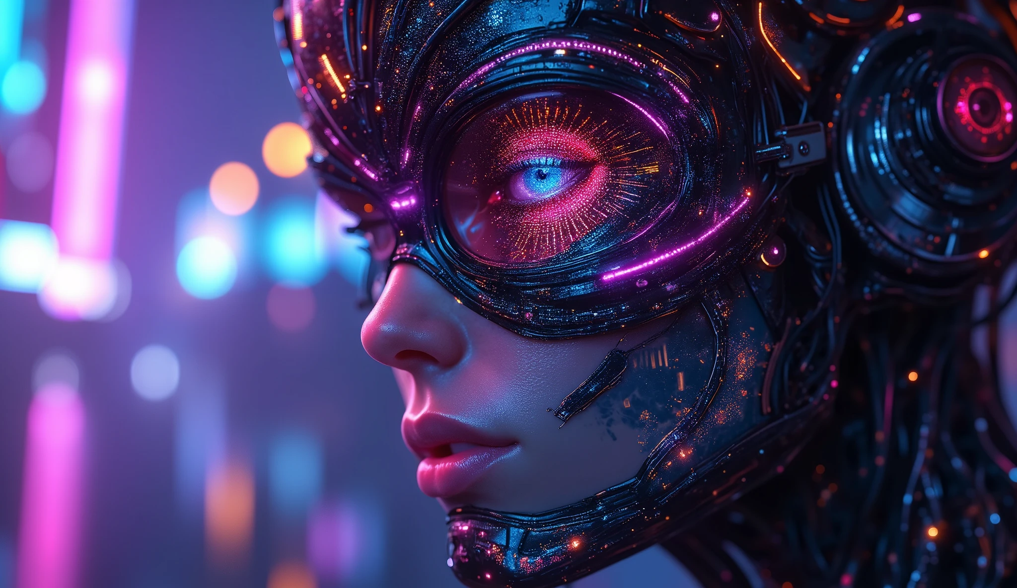 Half-body close-up of a cyberpunk cyborg. The left eye is a sophisticated mechanical bionic eye (gradient from #0B3D91 deep space blue to #FF00FF neon pink). Holographic data streams and binary codes are embedded in the iris. Glowing nano-circuits (with the texture of liquid metal) can be seen at the fusion point of the bionic skin and the mechanical skeleton. The cyborg's face has graphene tattoos. The background is a neon city in a rainstorm (gradient from #8A2BE2 electronic purple to #00FFFF cyber cyan). The bionic eye projects an AR tactical interface light screen. The mechanical fingers trigger electromagnetic pulse ripples. Cyber moonlight (with a cold light intensity of 0.8) and holographic advertisements (with a dynamic light intensity of 1.5) interweave for illumination. The dark areas contain 1.2% digital noise. Rendered with Octane, with a resolution of 8K and ultra-fine biomechanical textures.