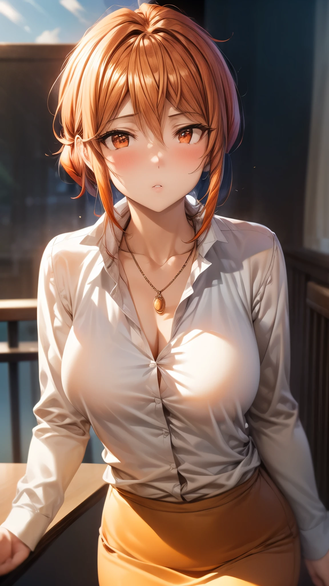 (Ultra High Quality,ultra high definition,16k,Super Masterpiece,Ultra HD ,detailed shading and background,)Photographing the upper body,Sexy Wife,Orange hair put together, white long sleeve shirt,Chest Valley,necklaces,pencil skirt,Open your lips a little,blushes,living,Leaning forward greatly,Place one hand on the side of your head,