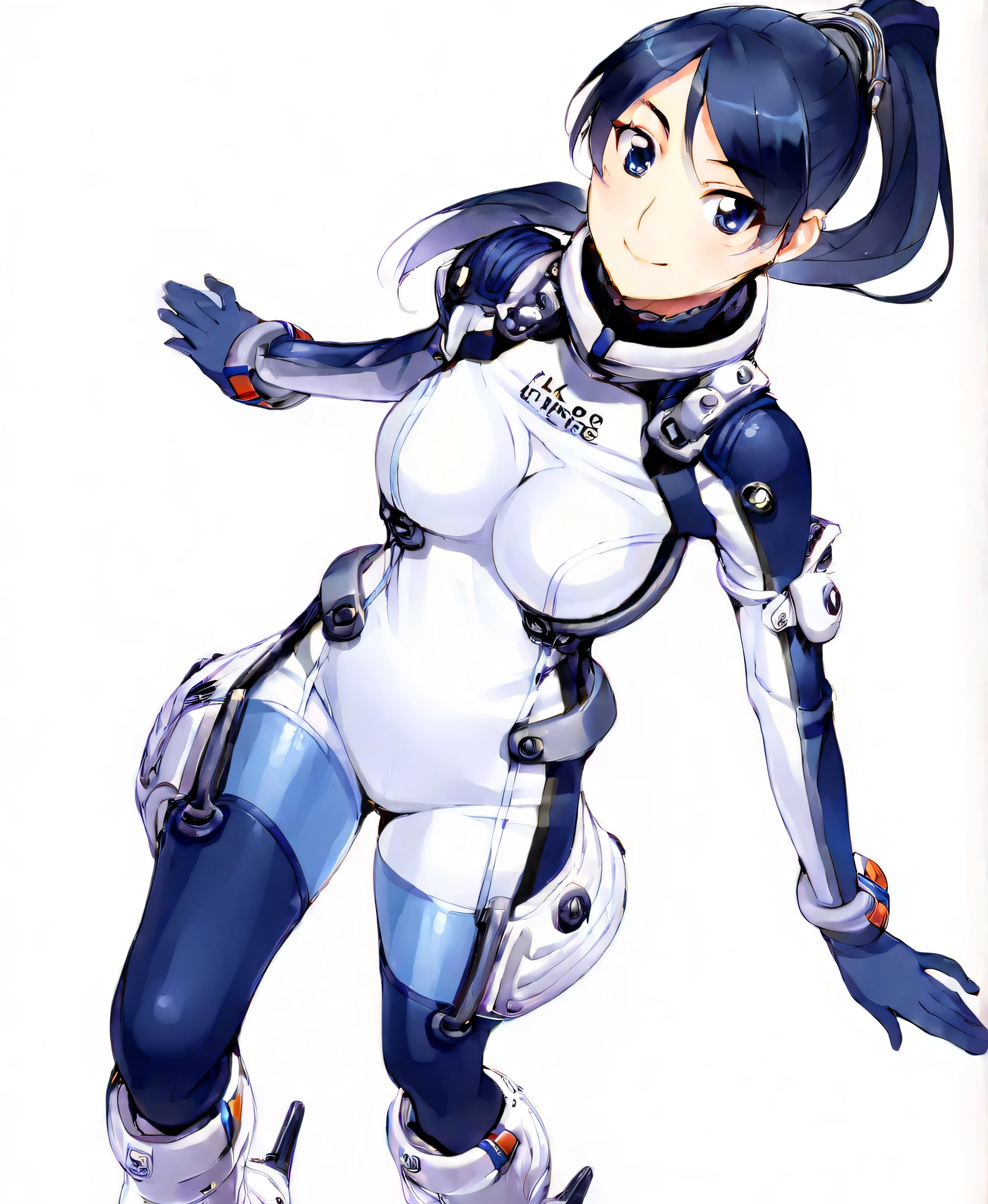 (masterpiece、 top quality、 highest resolution 、 Clear Images 、 Detailed Images、 The angle is from above ): ( one Japanese woman 、 high ponytail、 Friendly Smiles。 dark blue hair 、 Sparkling blue eyes 、( white and navy blue pilot suit (Enamel Finish )、white and dark blue tight clothing (Enamel Finish )、 that conceals your legs 、 White and dark blue thigh-covering pants 、 white and dark blue shoulder cover 、 wear dark blue fitted pants that hide legs 、Armor to hide the chest、 dark blue fitted innerwear that conceals legs 、Completely conceals the chest )、 very delicate and beautiful with pores、More、 slender body、exoskeleton、 cute、 kind smile、 soft impression 、heroine、white and navy hard boots、 elbow length gloves、 Active Action )、( simple background、 white background:1.5)